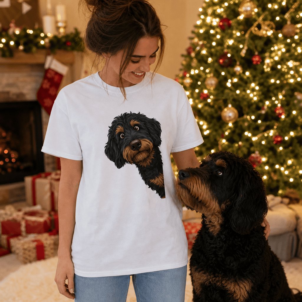 Peeking Holly Phantom Goldendoodle T-Shirt in by Puppy Jo
