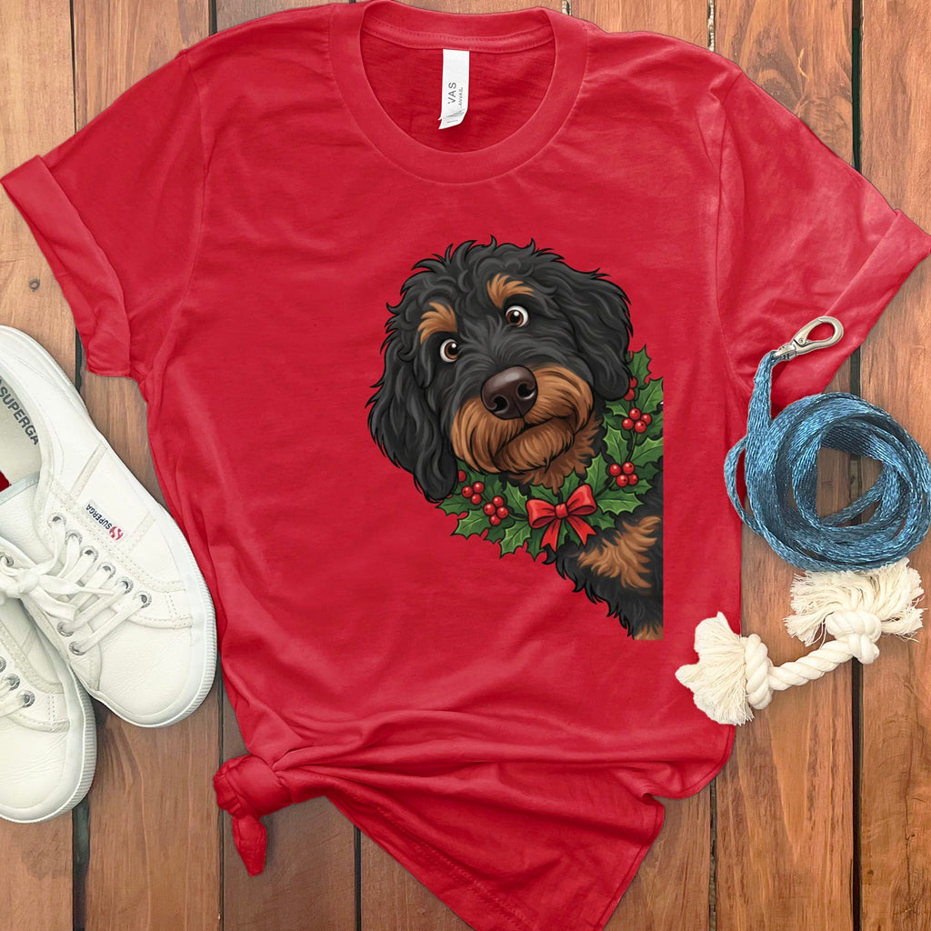 Peeking Holly Phantom Goldendoodle T-Shirt in Red / M / T-Shirts by Puppy Jo