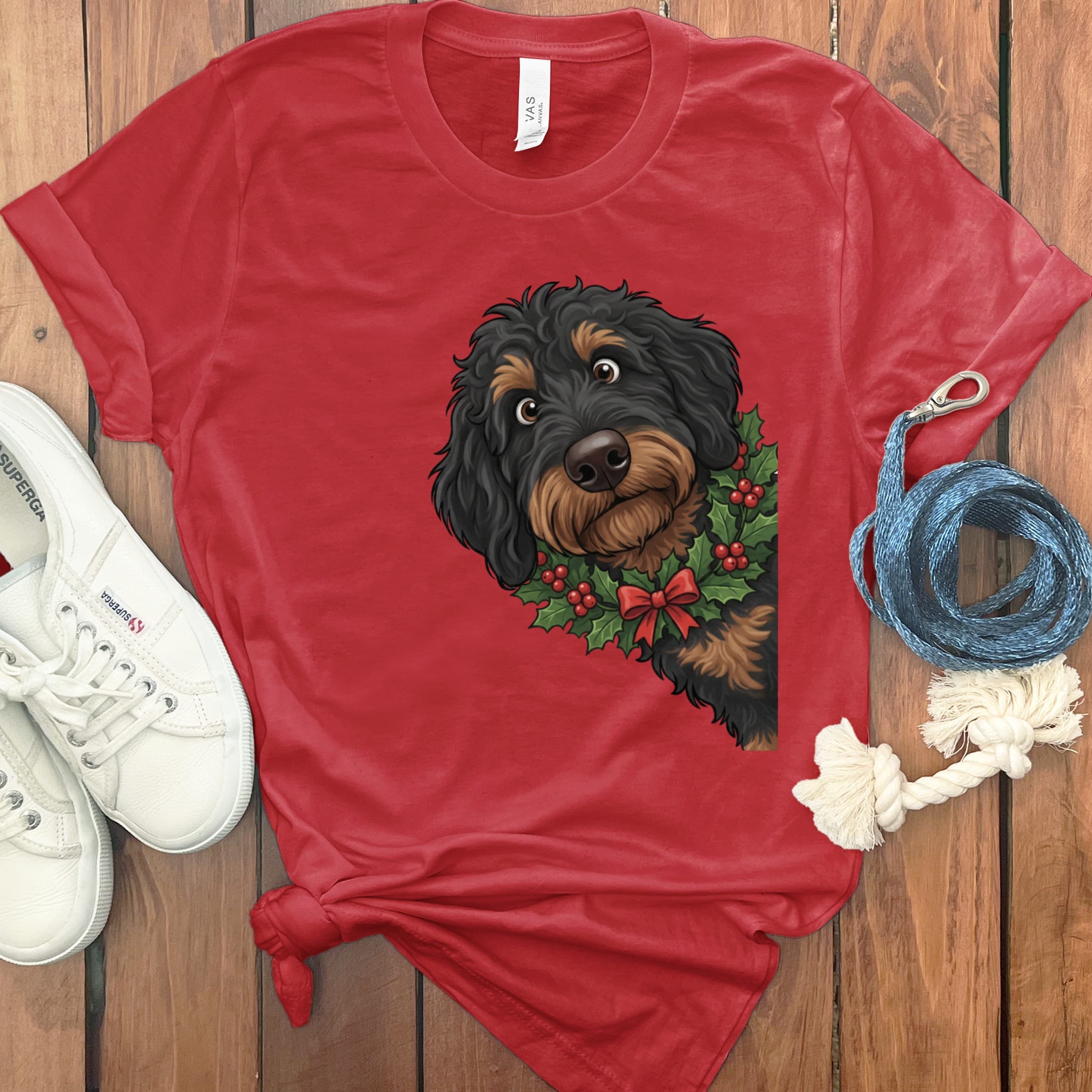 Peeking Holly Phantom Goldendoodle T-Shirt in Red / M / T-Shirts by Puppy Jo