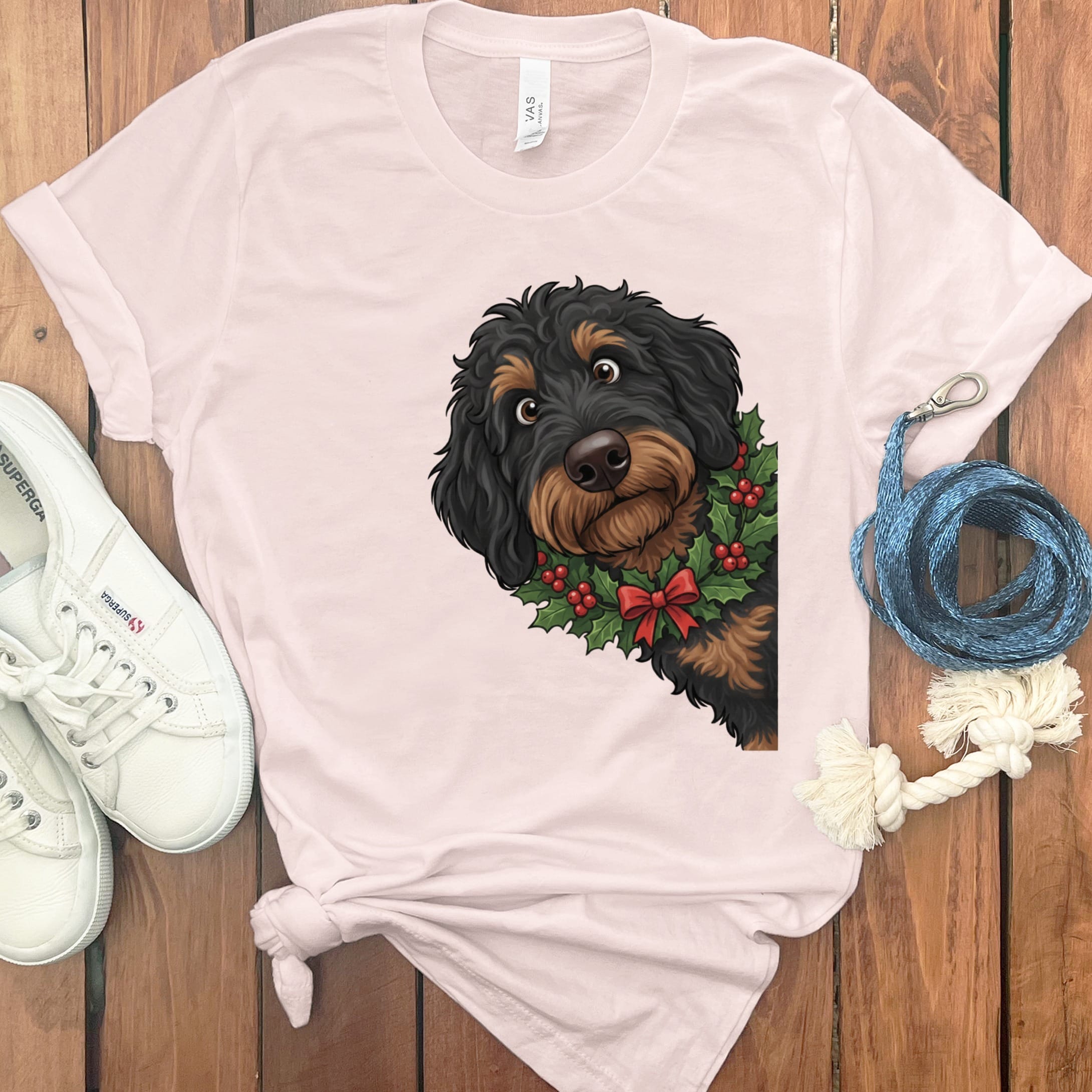 Peeking Holly Phantom Goldendoodle T-Shirt in Soft Pink / M / T-Shirts by Puppy Jo