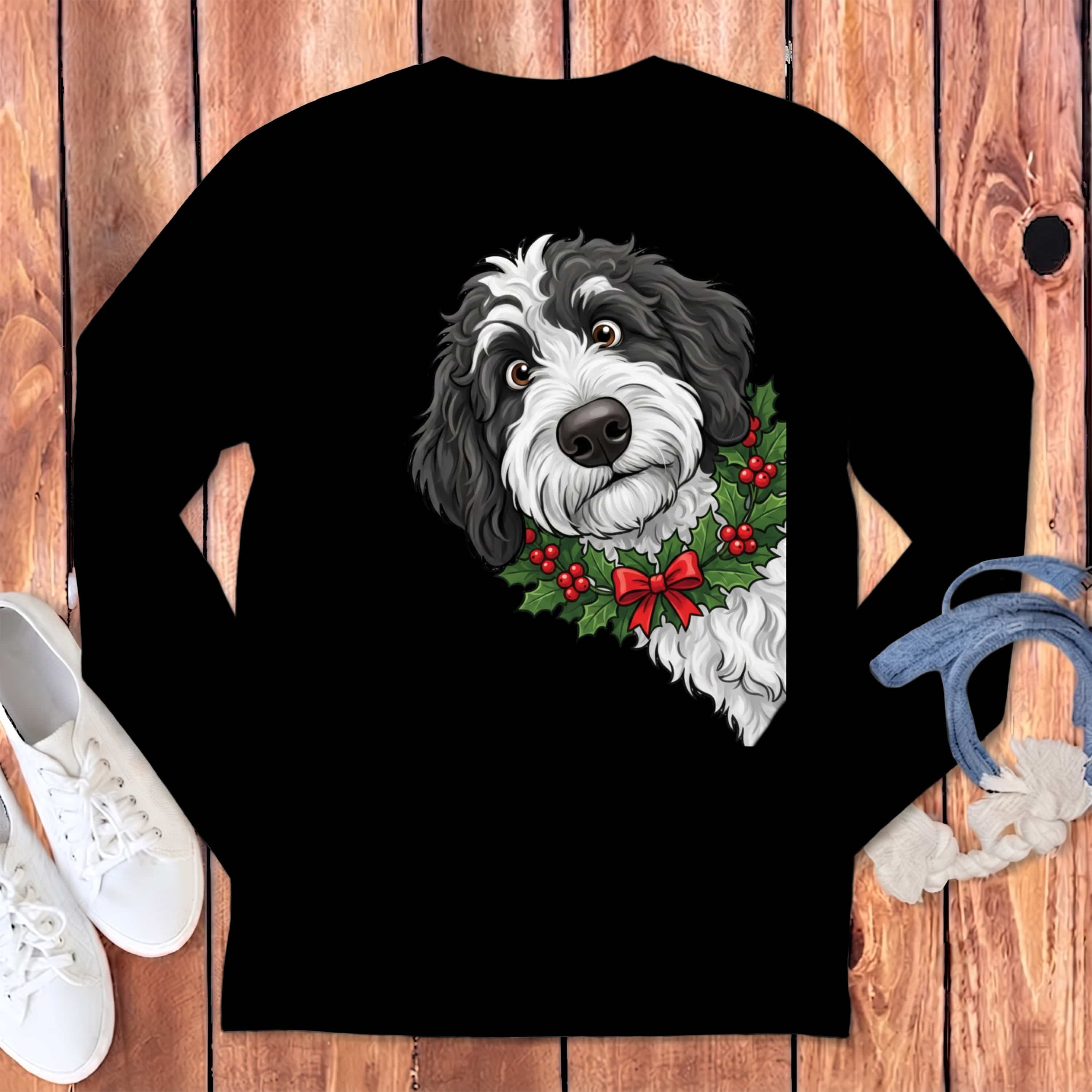 Peeking Holly Sheepadoodle Long Sleeve T-Shirt in Black / S by Puppy Jo