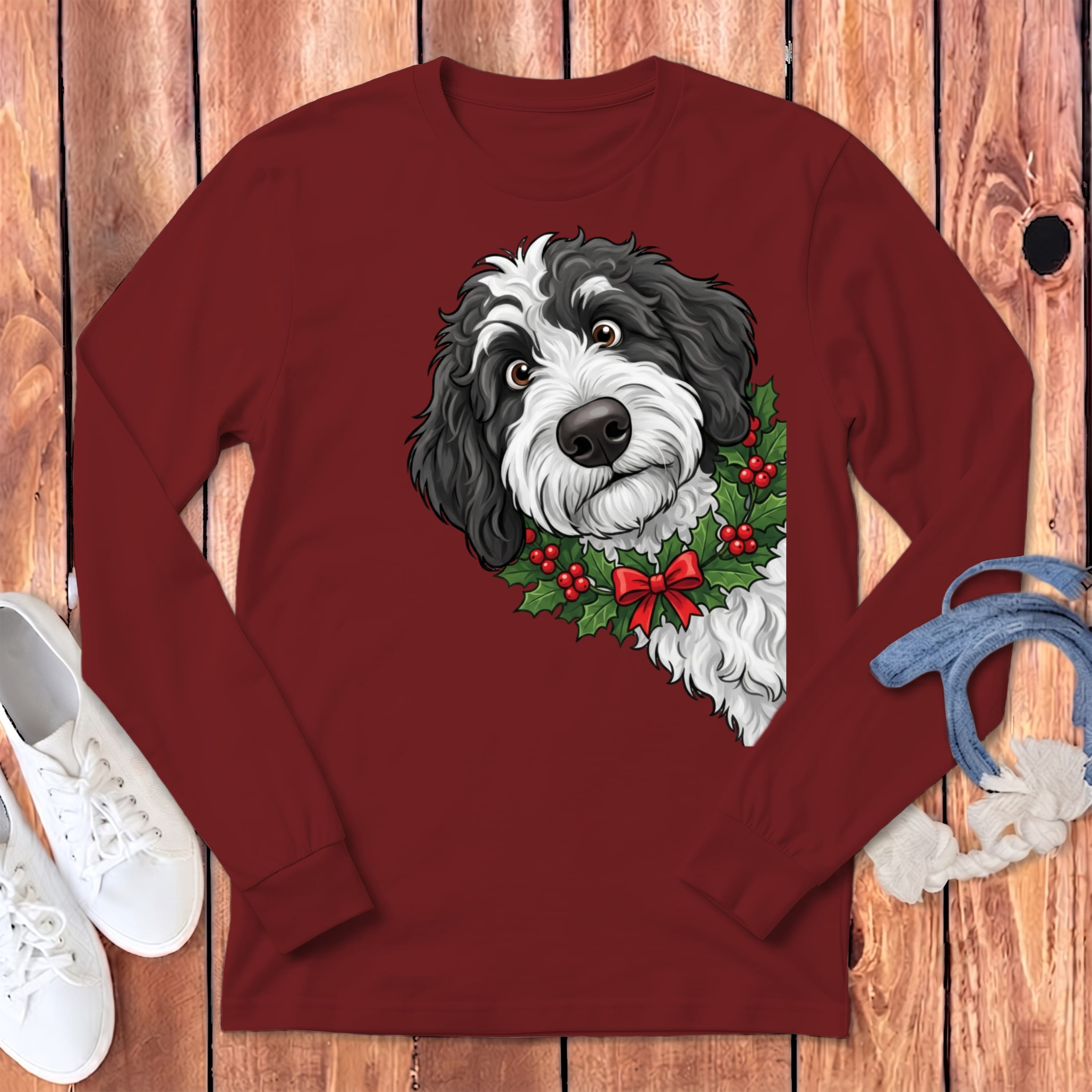 Peeking Holly Sheepadoodle Long Sleeve T-Shirt in Cardinal / S by Puppy Jo