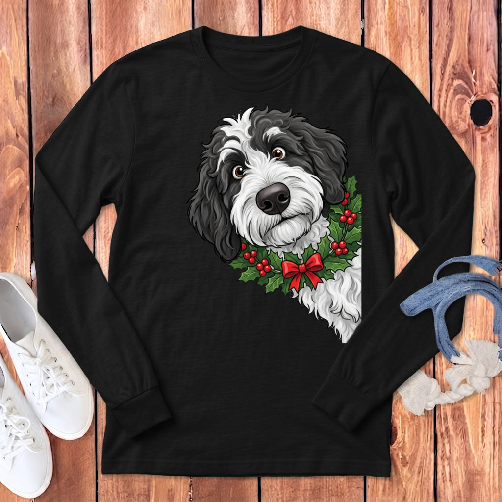 Peeking Holly Sheepadoodle Long Sleeve T-Shirt in Dark Grey Heather / S by Puppy Jo