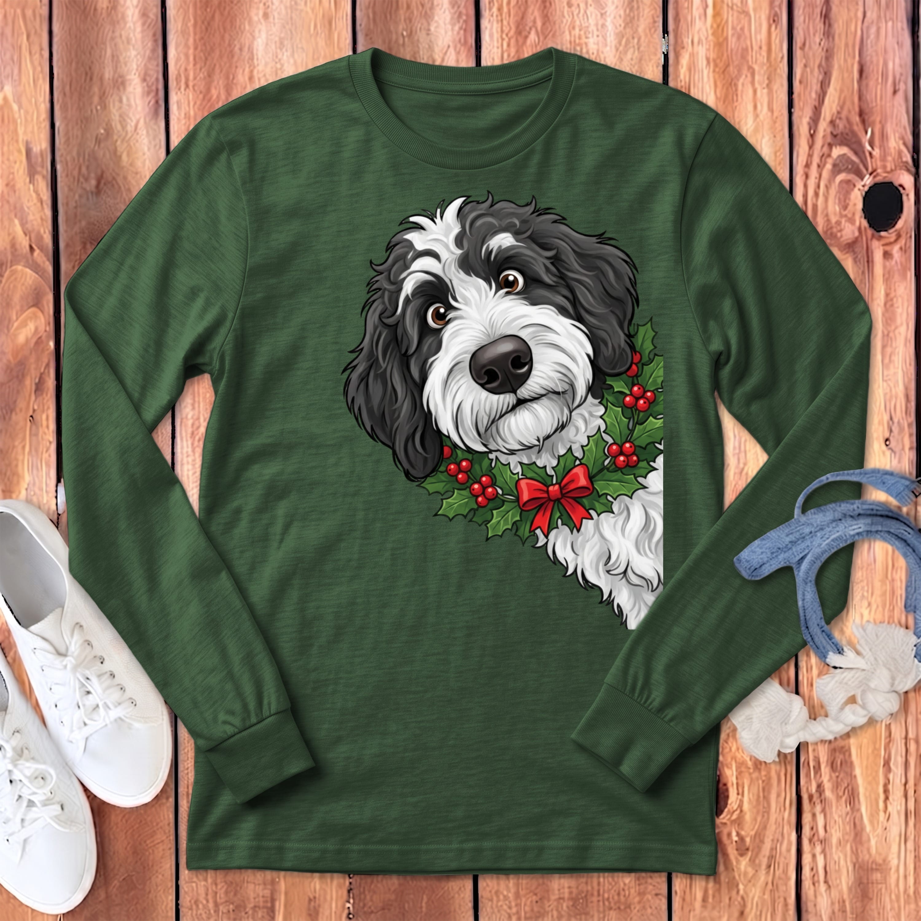 Peeking Holly Sheepadoodle Long Sleeve T-Shirt in Heather Forest / S by Puppy Jo