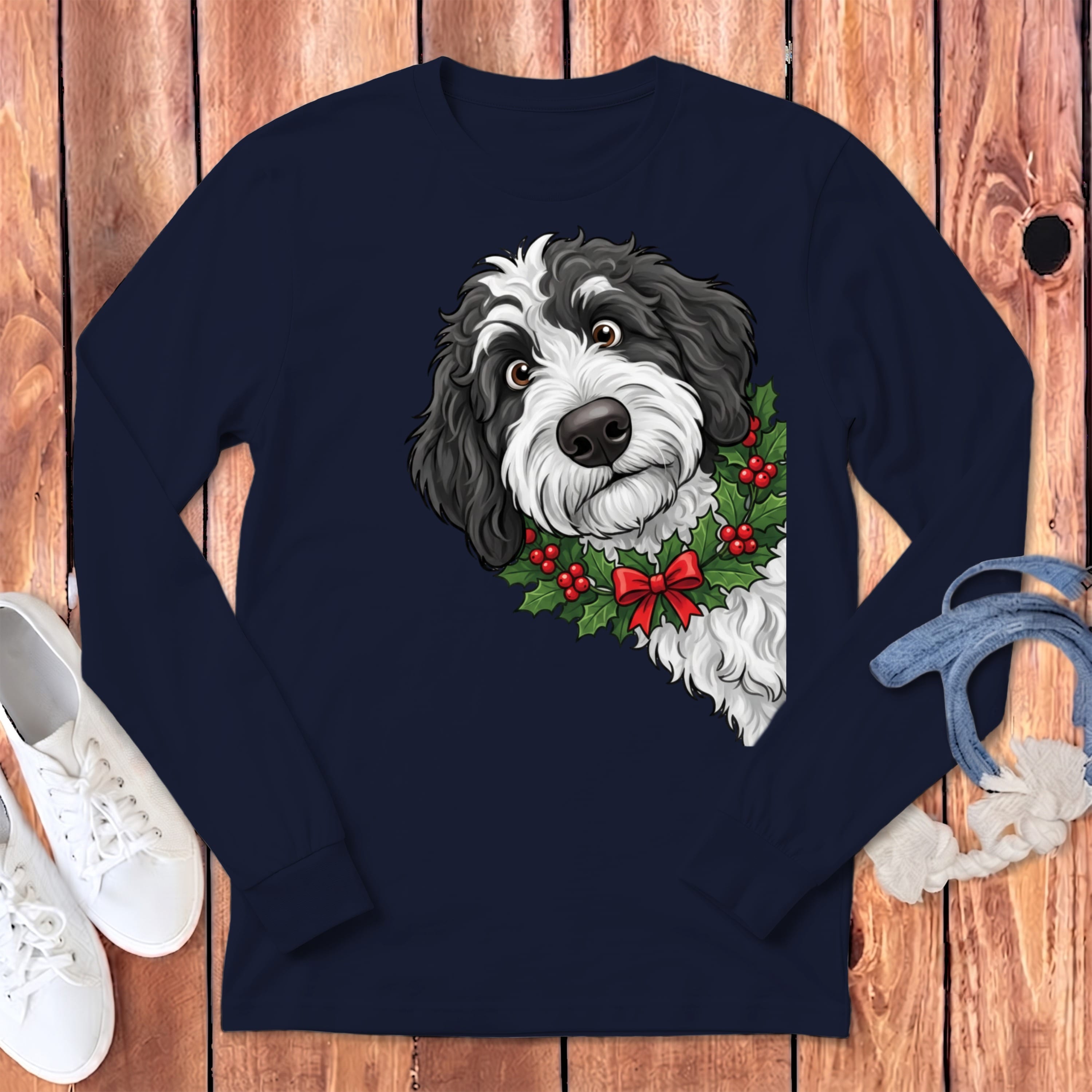 Peeking Holly Sheepadoodle Long Sleeve T-Shirt in Navy / S by Puppy Jo