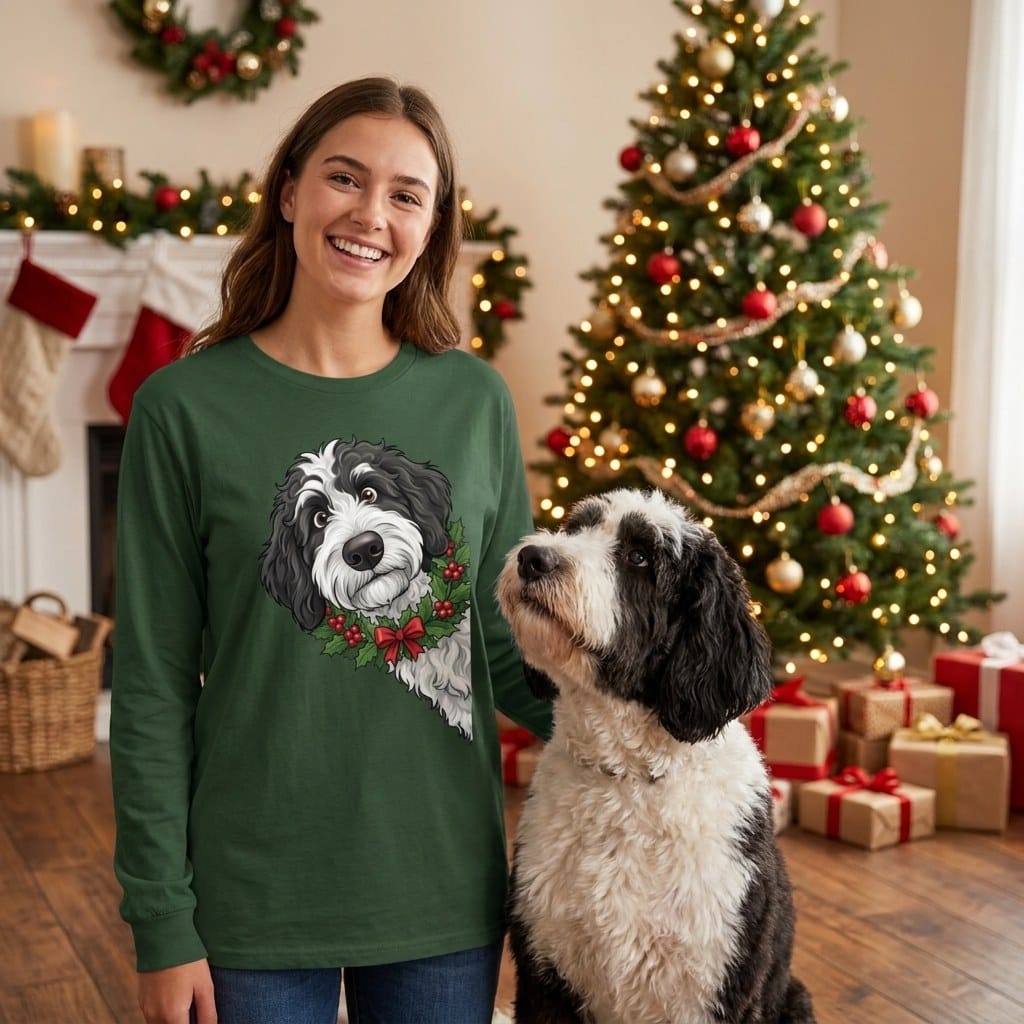 Peeking Holly Sheepadoodle Long Sleeve T-Shirt in by Puppy Jo