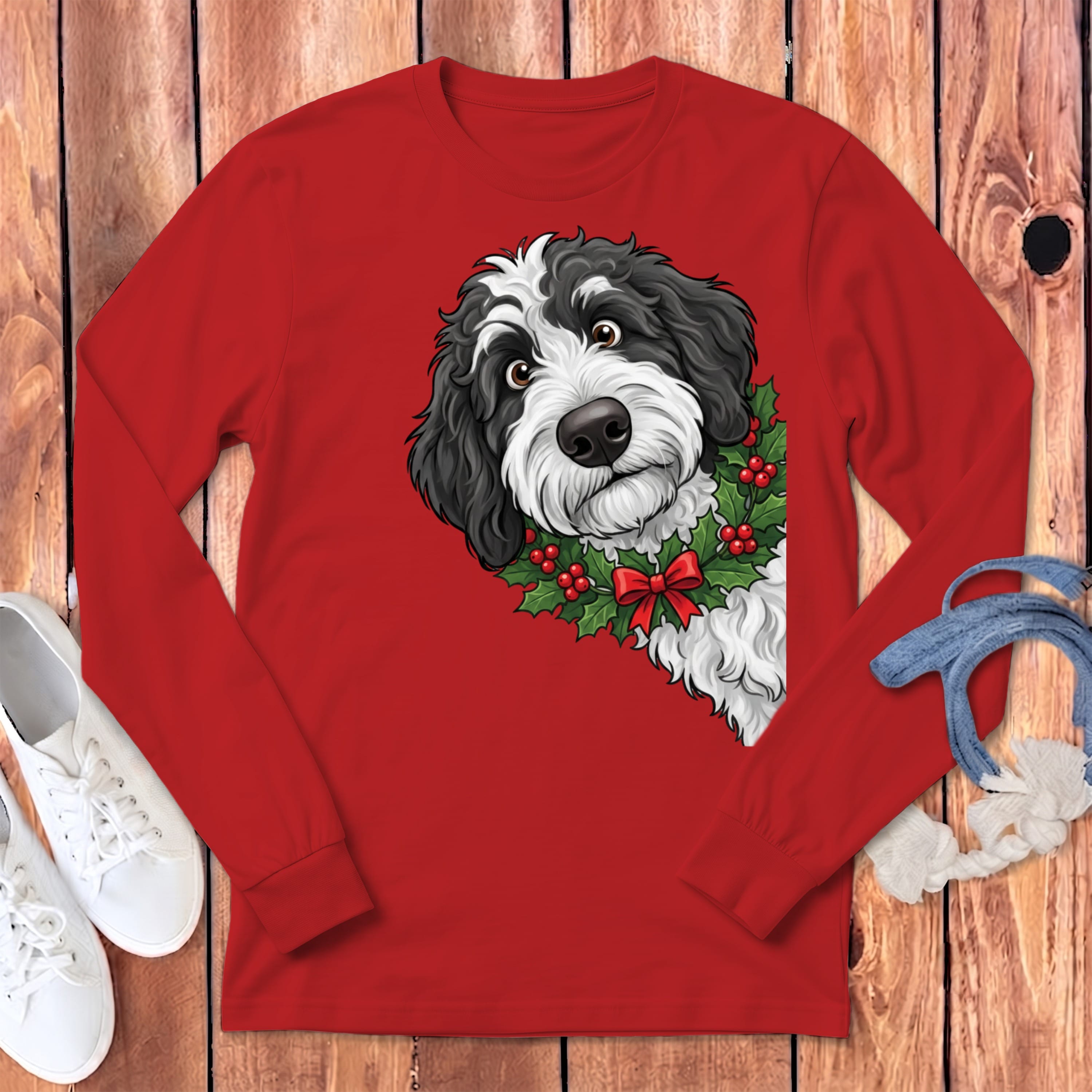 Peeking Holly Sheepadoodle Long Sleeve T-Shirt in Red / S by Puppy Jo