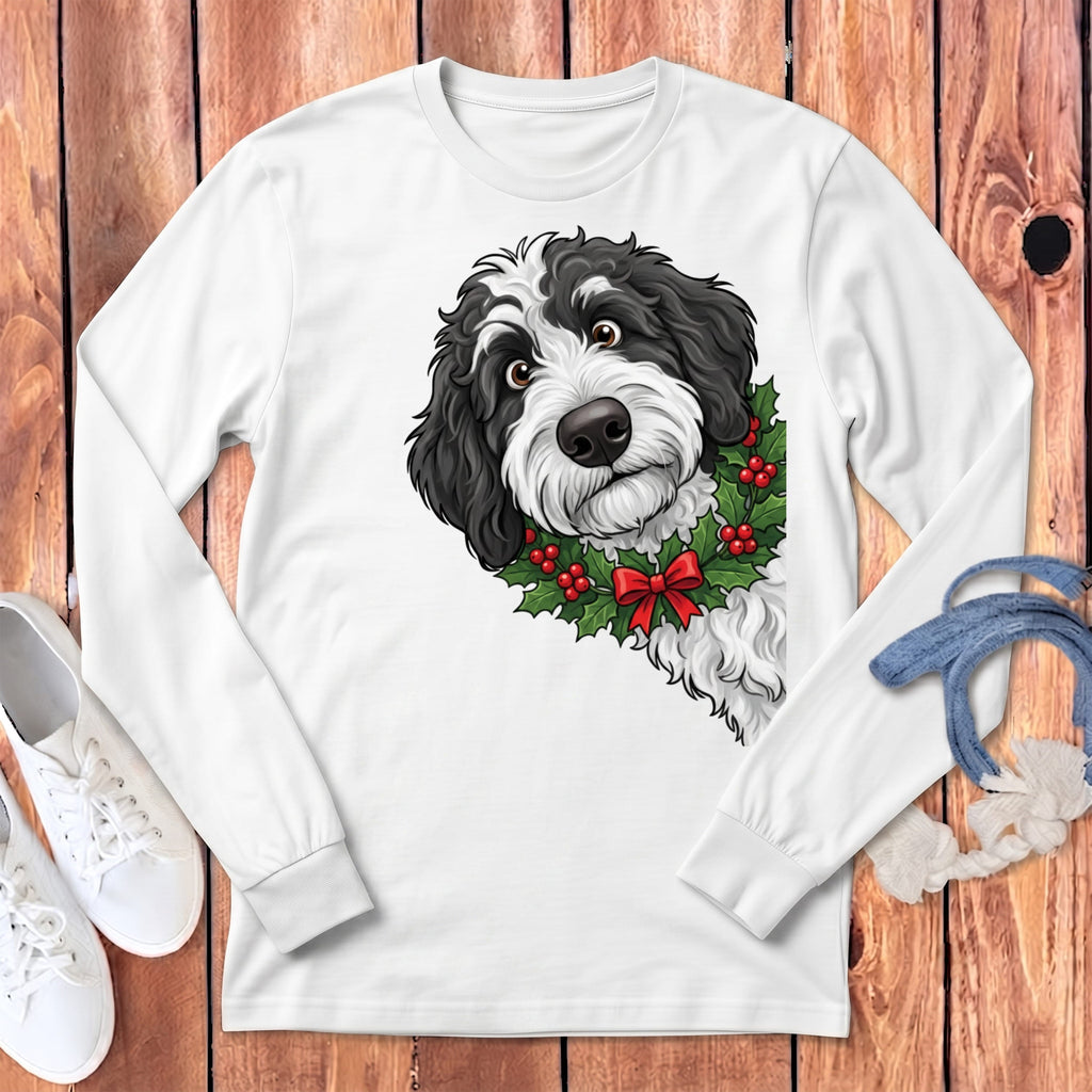 Peeking Holly Sheepadoodle Long Sleeve T-Shirt in White / S by Puppy Jo