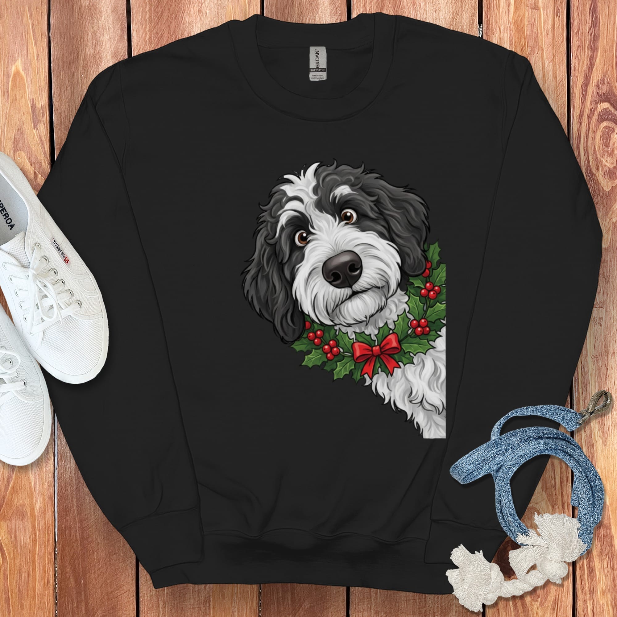 Peeking Holly Sheepadoodle Sweatshirt in Black / M by Puppy Jo