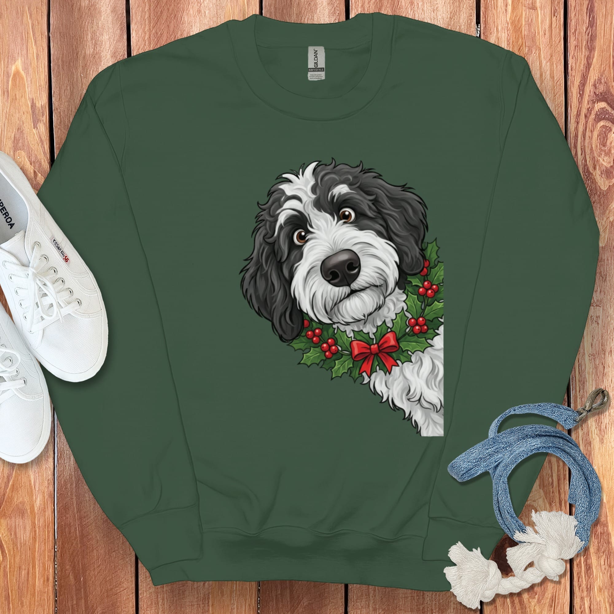 Peeking Holly Sheepadoodle Sweatshirt in Forest Green / M by Puppy Jo