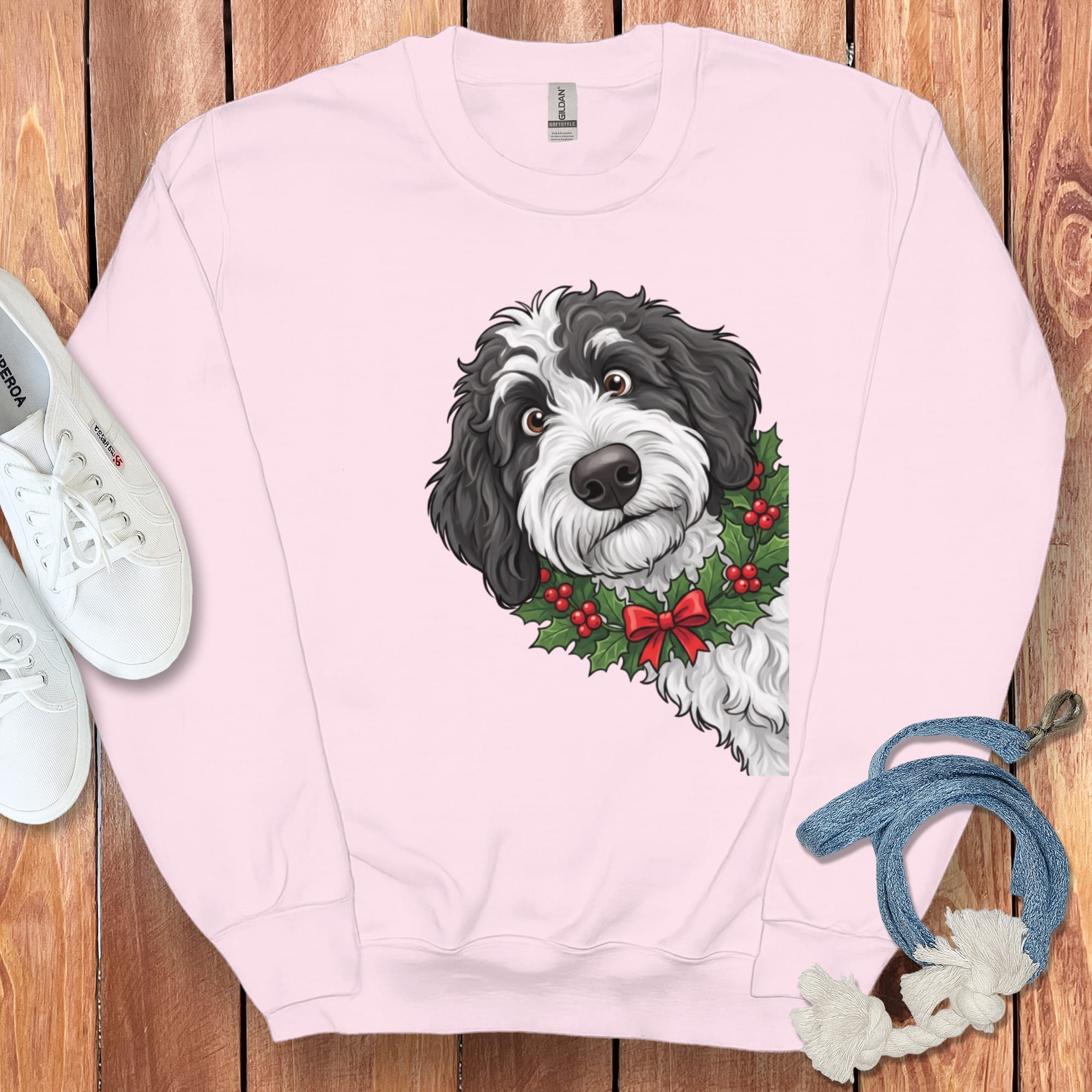 Peeking Holly Sheepadoodle Sweatshirt in Light Pink / M by Puppy Jo
