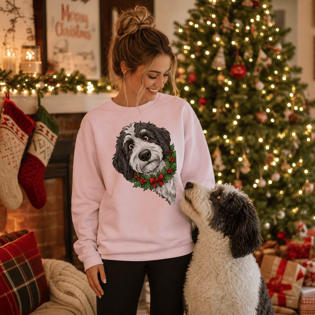 Peeking Holly Sheepadoodle Sweatshirt in by Puppy Jo
