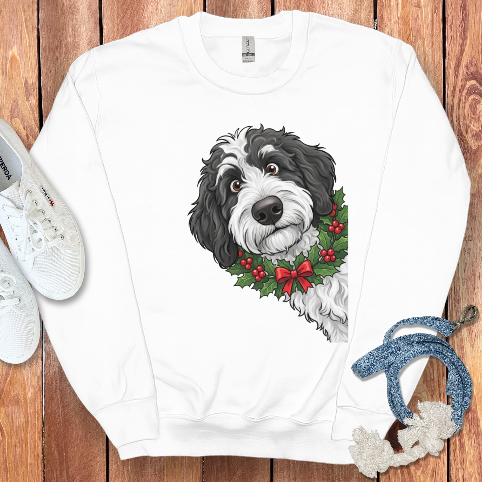 Peeking Holly Sheepadoodle Sweatshirt in White / M by Puppy Jo