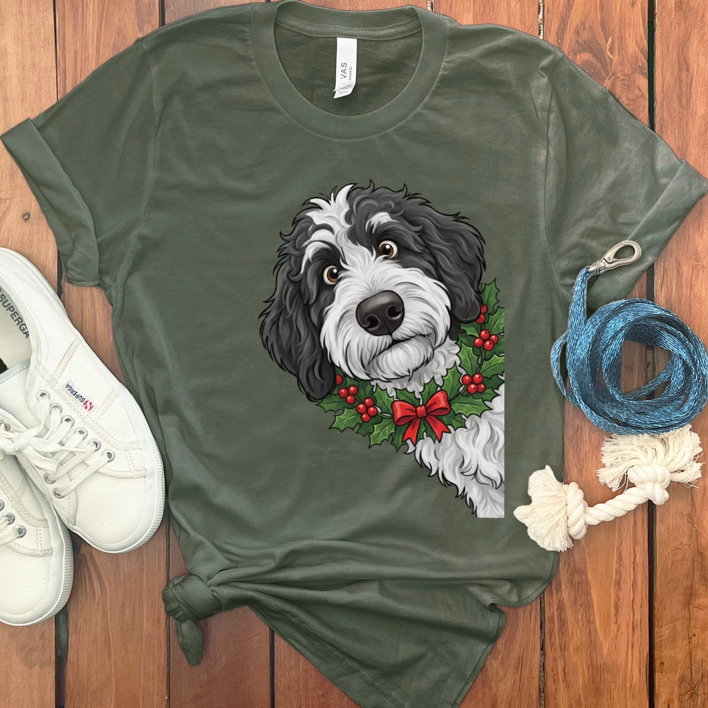 Peeking Holly Sheepadoodle T-Shirt in Military Green / M / T-Shirts by Puppy Jo
