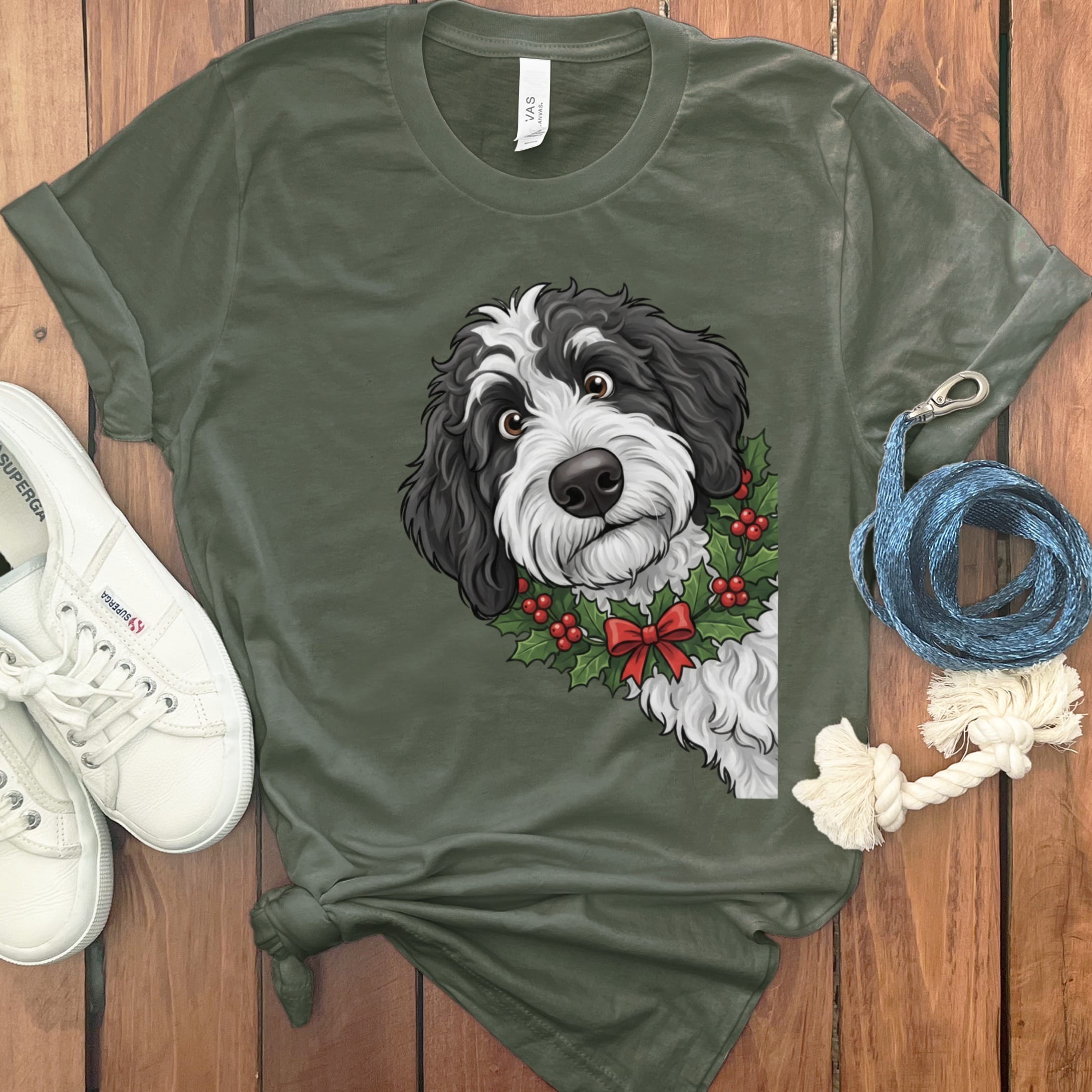 Peeking Holly Sheepadoodle T-Shirt in Military Green / M / T-Shirts by Puppy Jo