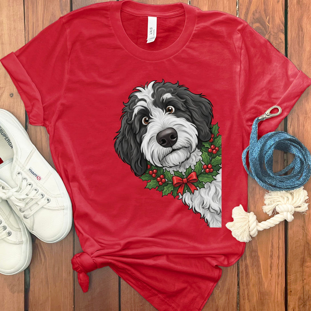 Peeking Holly Sheepadoodle T-Shirt in Red / M / T-Shirts by Puppy Jo