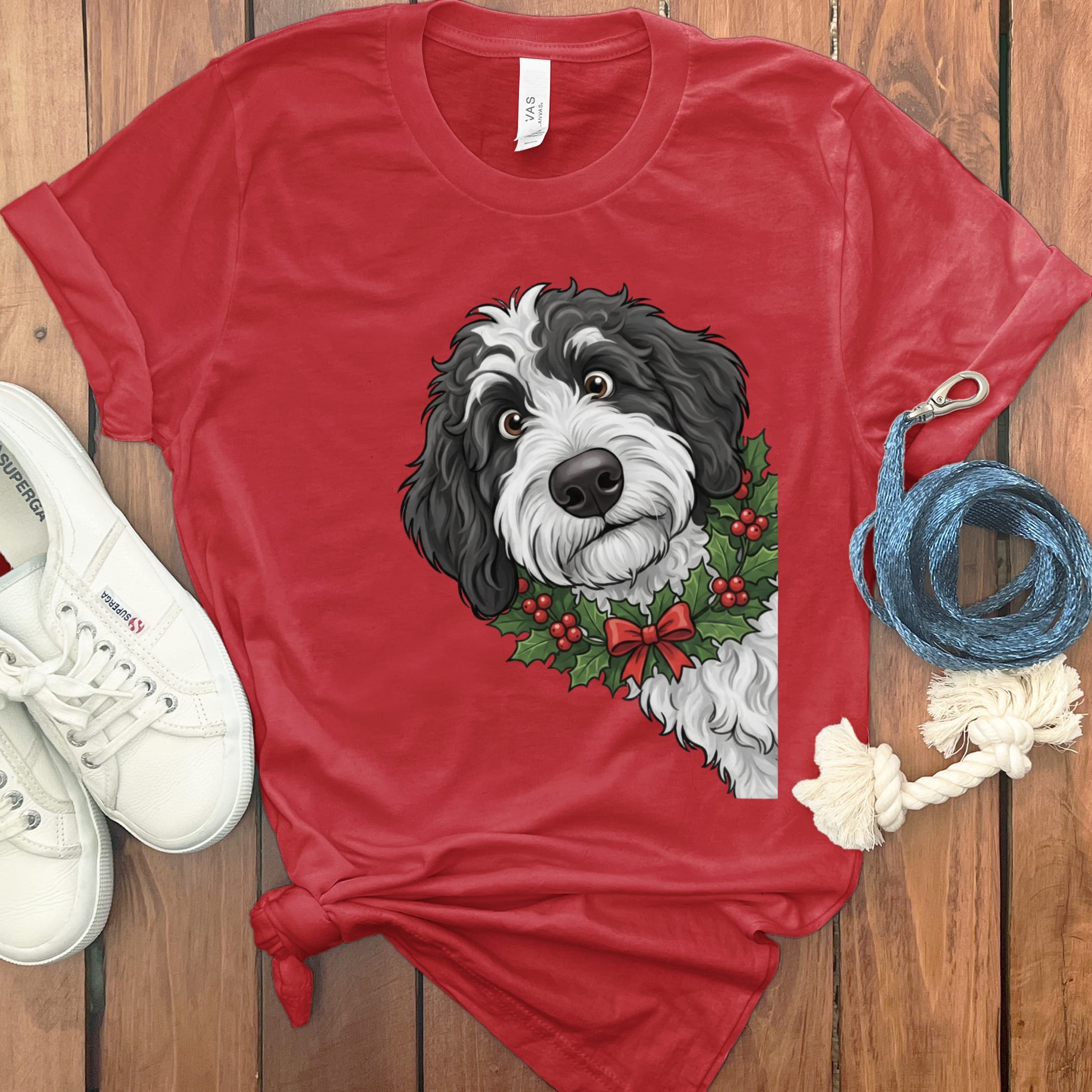Peeking Holly Sheepadoodle T-Shirt in Red / M / T-Shirts by Puppy Jo