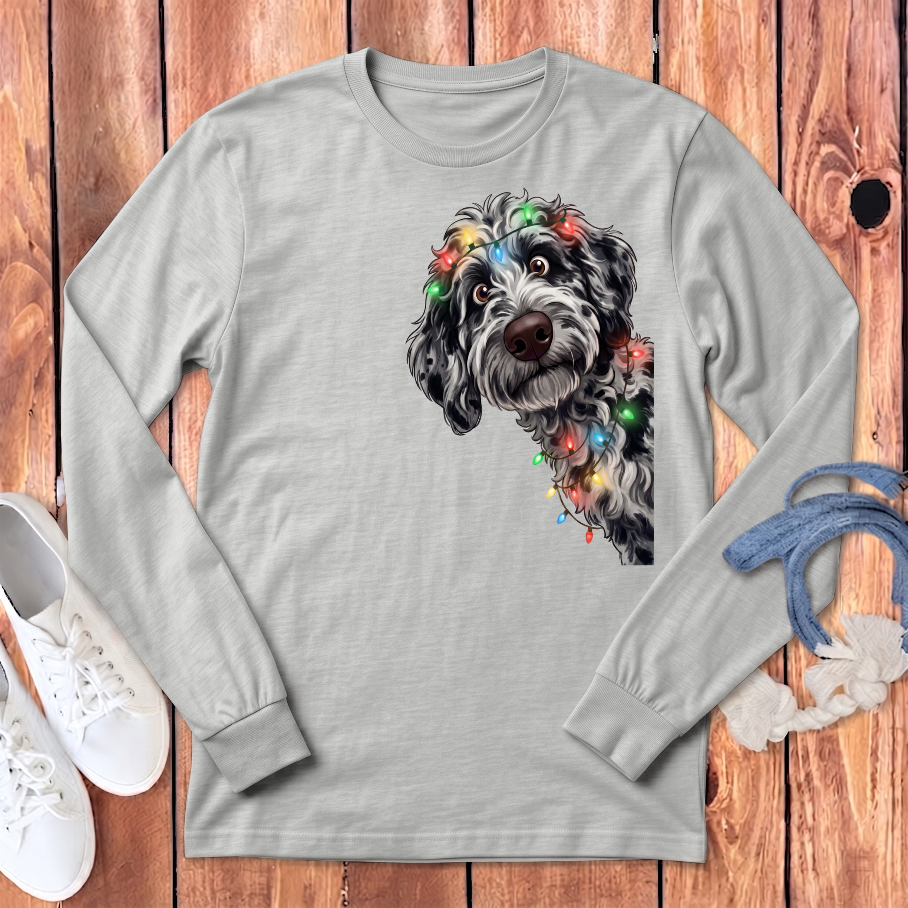 Peeking Merle Goldendoodle Holiday Long Sleeve T-Shirt in Athletic Heather / S by Puppy Jo