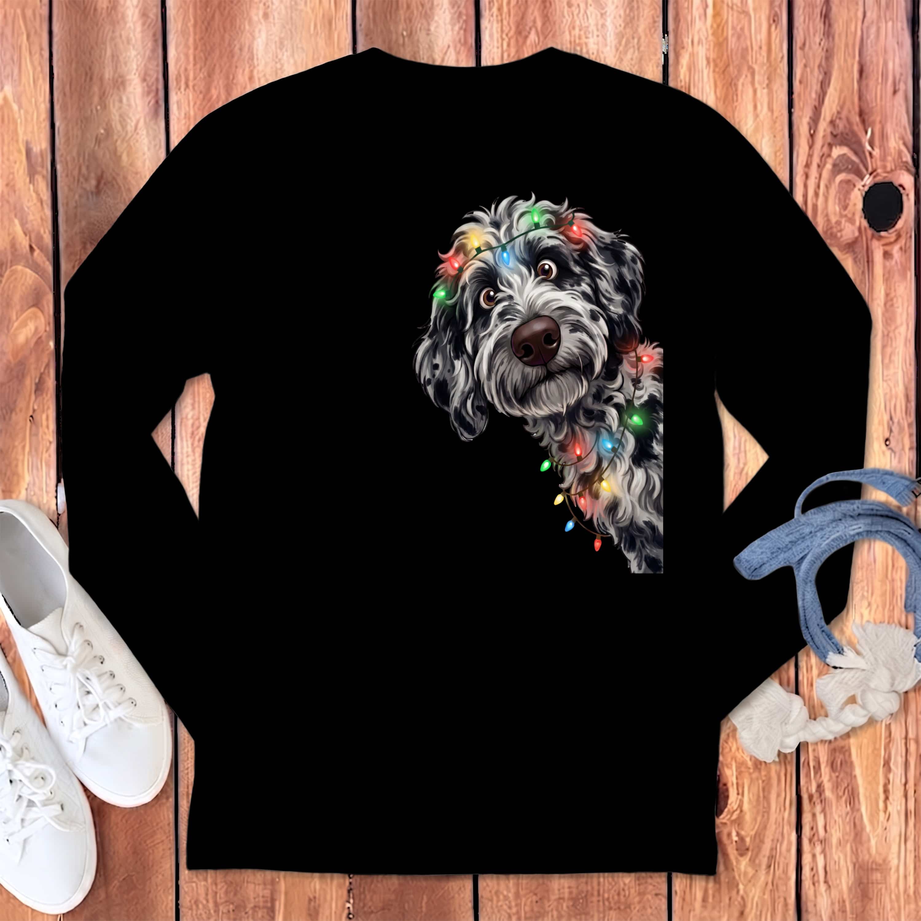 Peeking Merle Goldendoodle Holiday Long Sleeve T-Shirt in Black / S by Puppy Jo