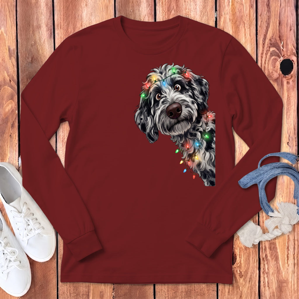 Peeking Merle Goldendoodle Holiday Long Sleeve T-Shirt in Cardinal / S by Puppy Jo