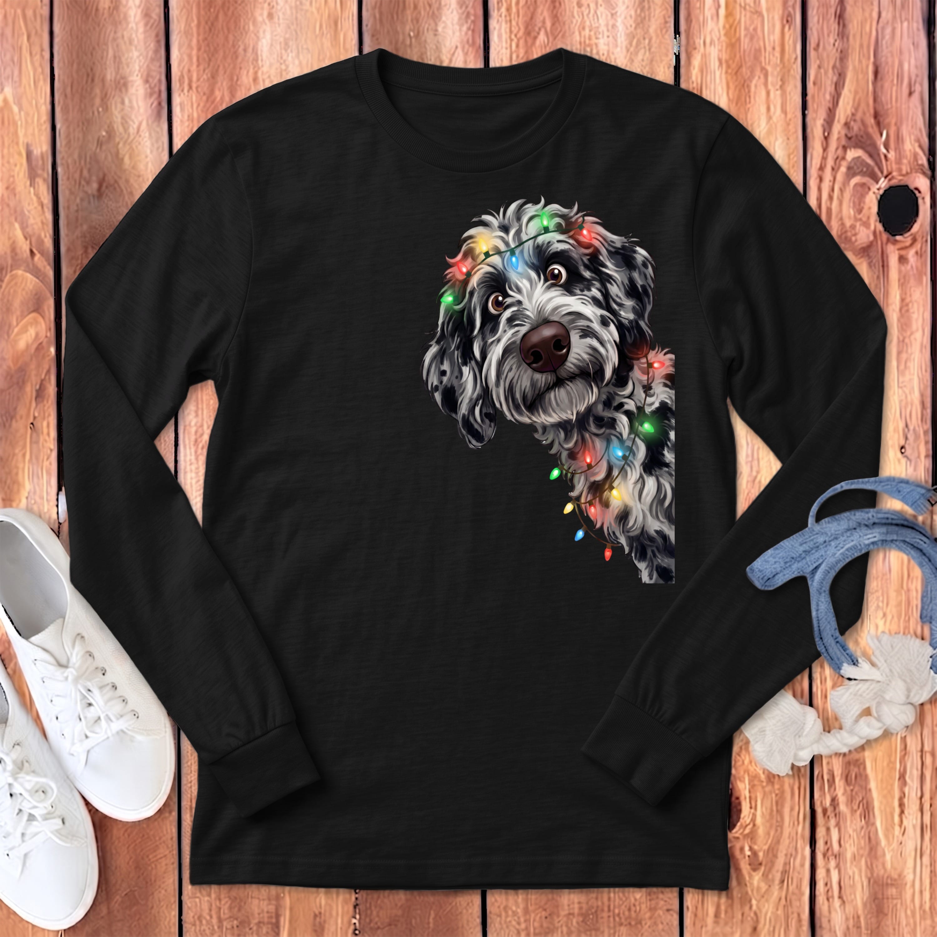 Peeking Merle Goldendoodle Holiday Long Sleeve T-Shirt in Dark Grey Heather / S by Puppy Jo