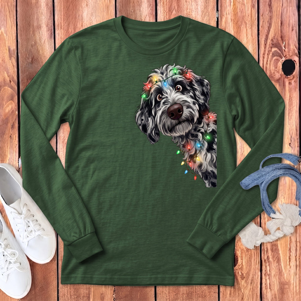 Peeking Merle Goldendoodle Holiday Long Sleeve T-Shirt in Heather Forest / S by Puppy Jo