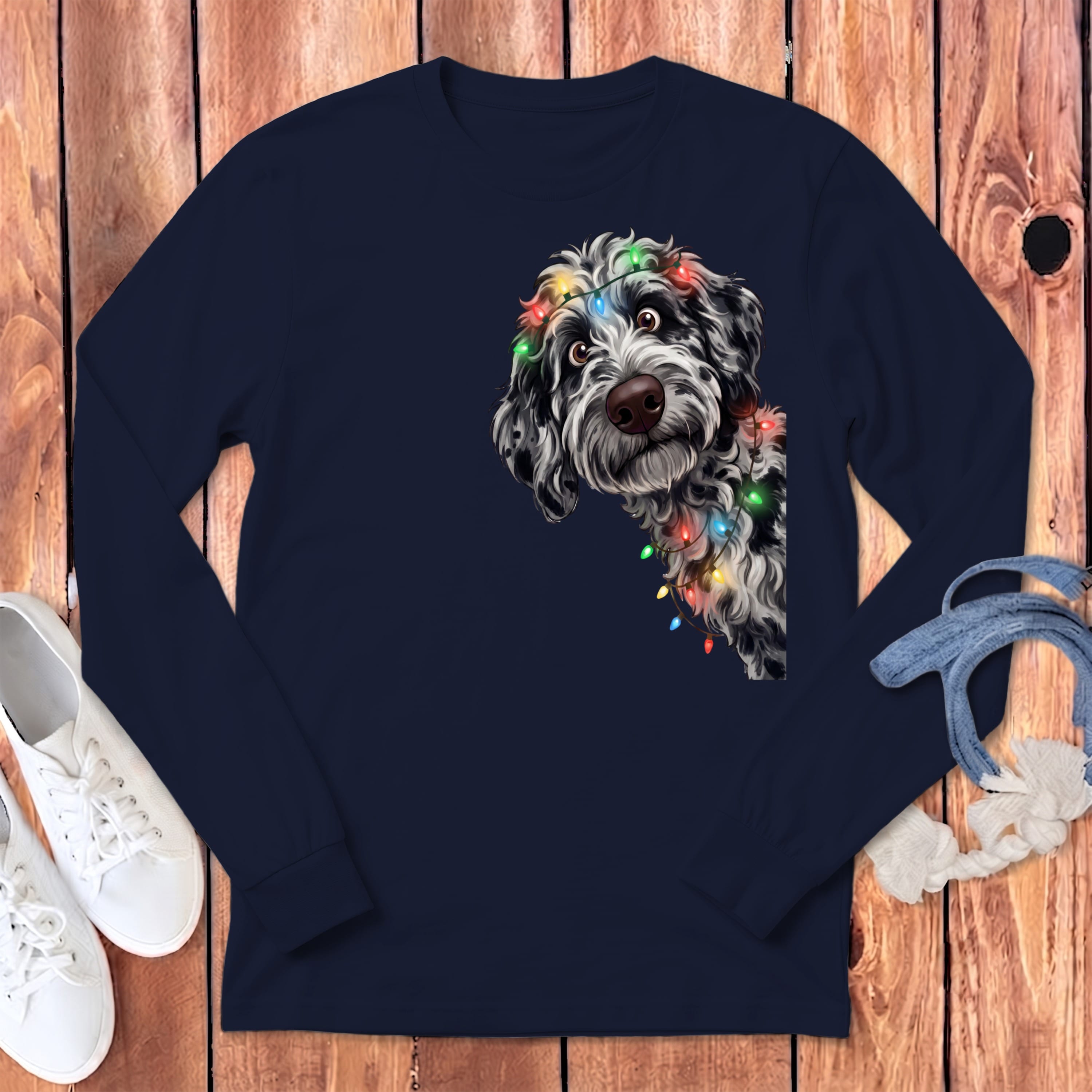 Peeking Merle Goldendoodle Holiday Long Sleeve T-Shirt in Navy / S by Puppy Jo