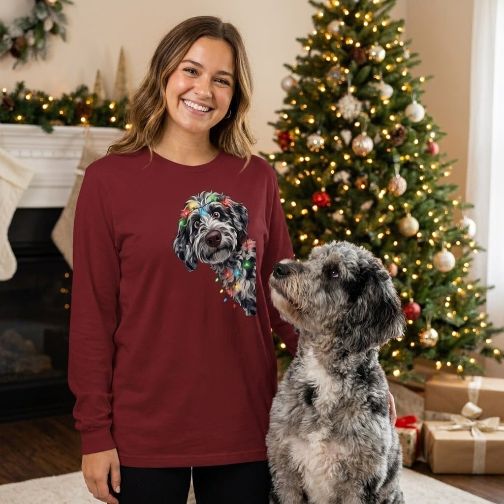 Peeking Merle Goldendoodle Holiday Long Sleeve T-Shirt in by Puppy Jo