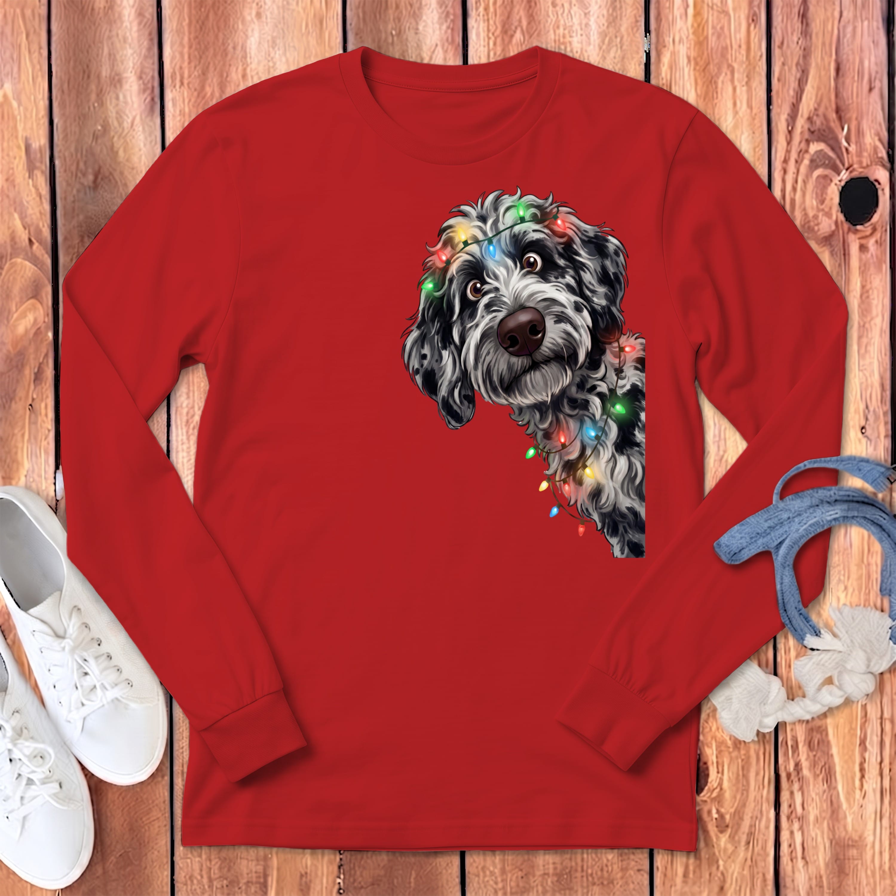 Peeking Merle Goldendoodle Holiday Long Sleeve T-Shirt in Red / S by Puppy Jo
