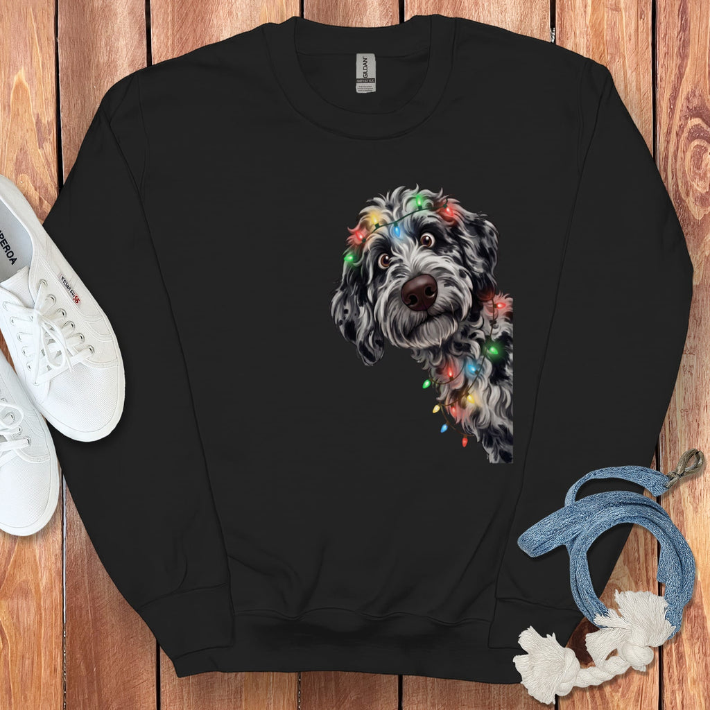 Peeking Merle Goldendoodle Holiday Sweatshirt in Black / M by Puppy Jo