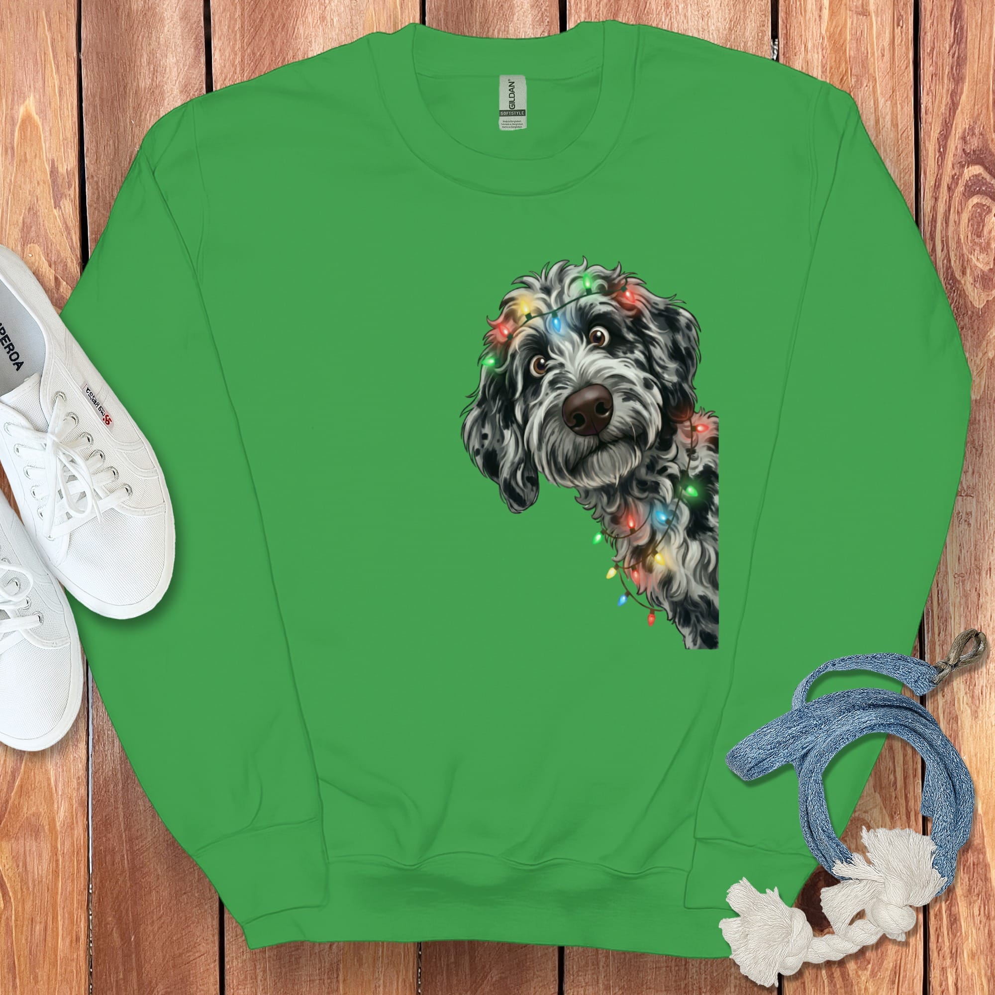 Peeking Merle Goldendoodle Holiday Sweatshirt in Irish Green / M by Puppy Jo