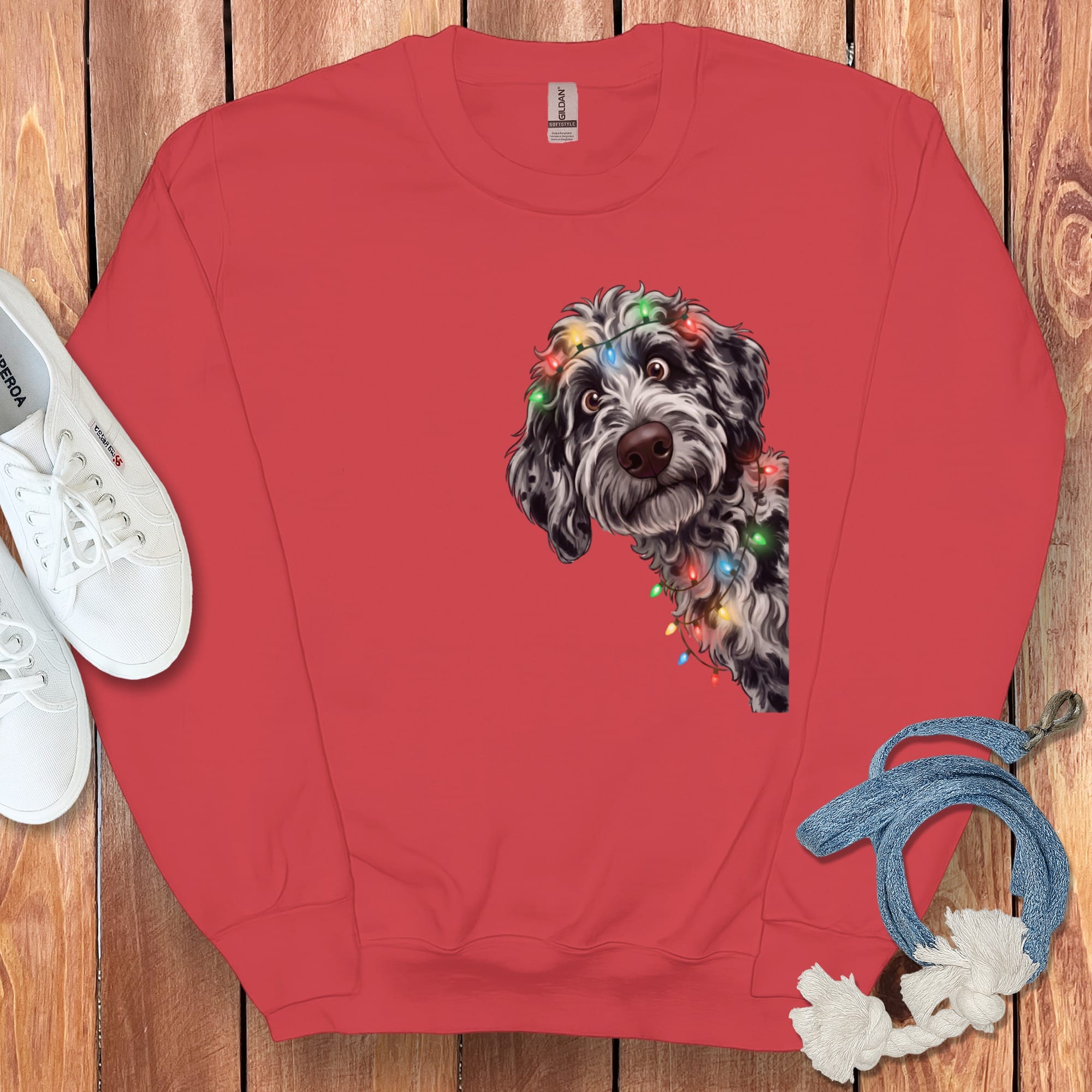 Peeking Merle Goldendoodle Holiday Sweatshirt in Red / M by Puppy Jo
