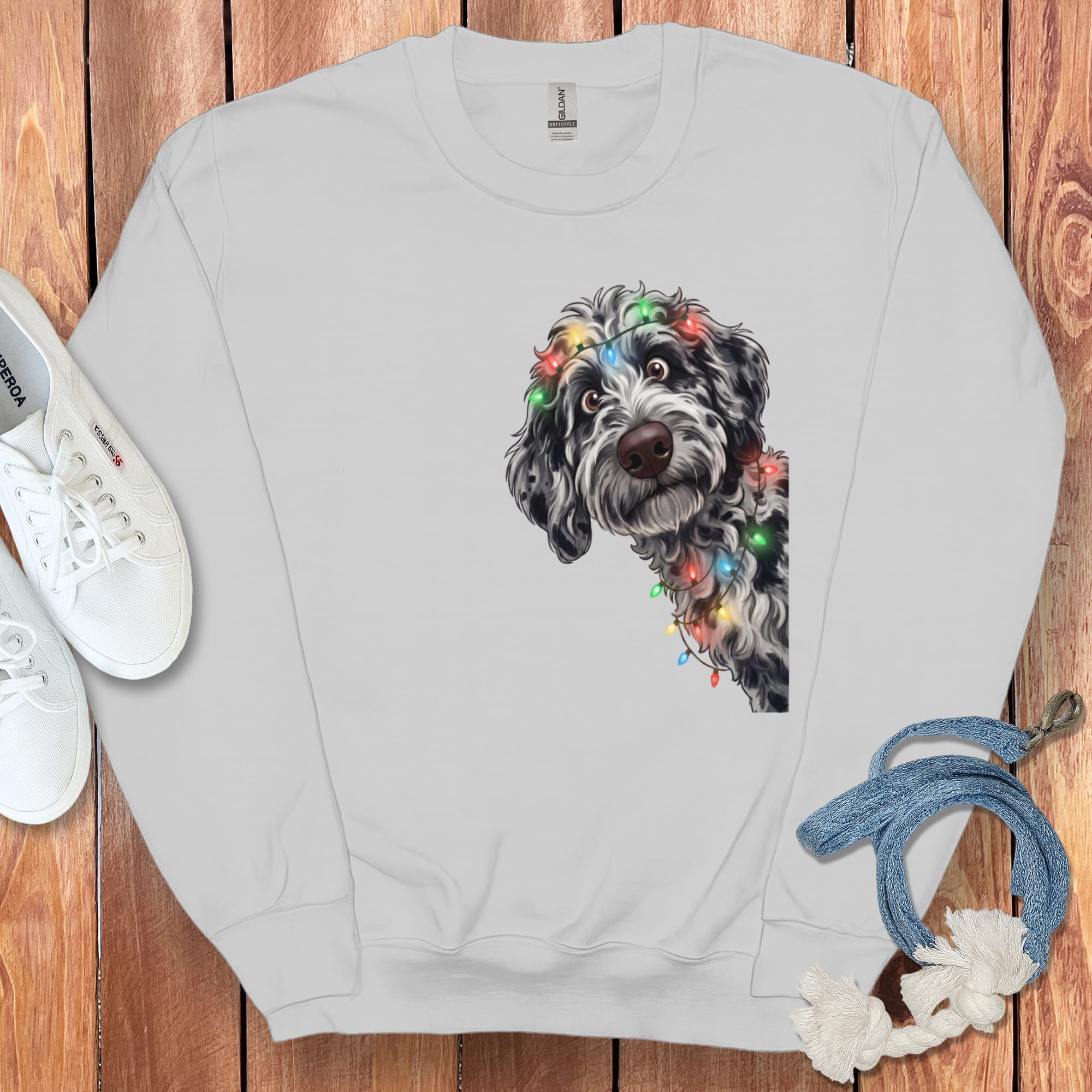 Peeking Merle Goldendoodle Holiday Sweatshirt in Sport Grey / M by Puppy Jo