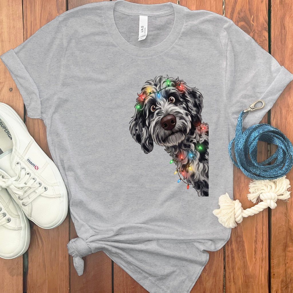 Peeking Merle Goldendoodle Holiday T-Shirt in Athletic Heather / M / T-Shirts by Puppy Jo