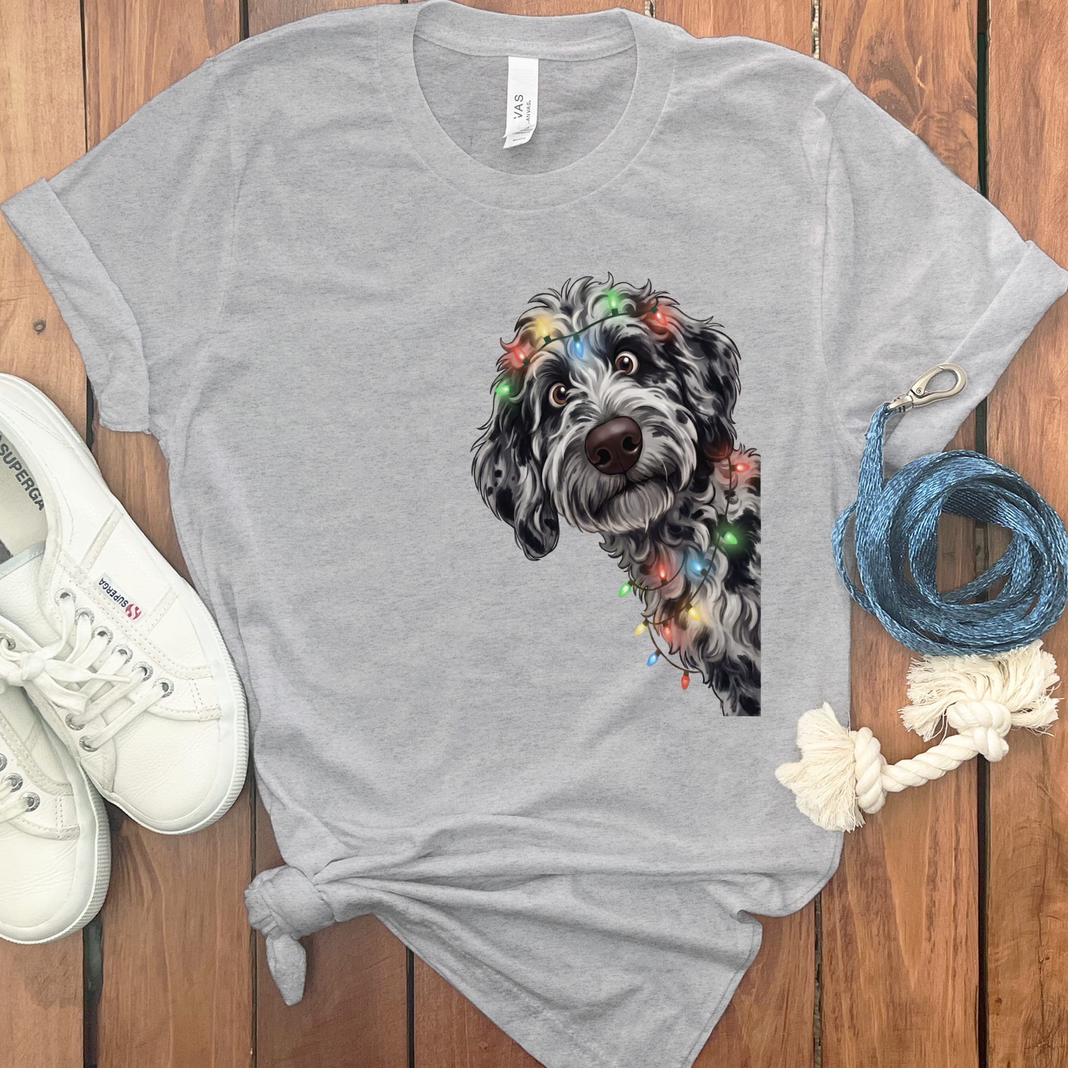 Peeking Merle Goldendoodle Holiday T-Shirt in Athletic Heather / M / T-Shirts by Puppy Jo