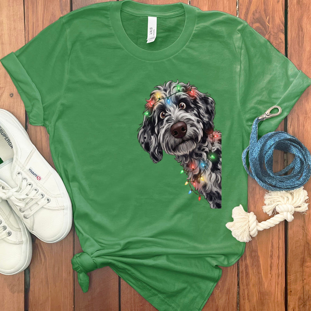 Peeking Merle Goldendoodle Holiday T-Shirt in Leaf / M / T-Shirts by Puppy Jo