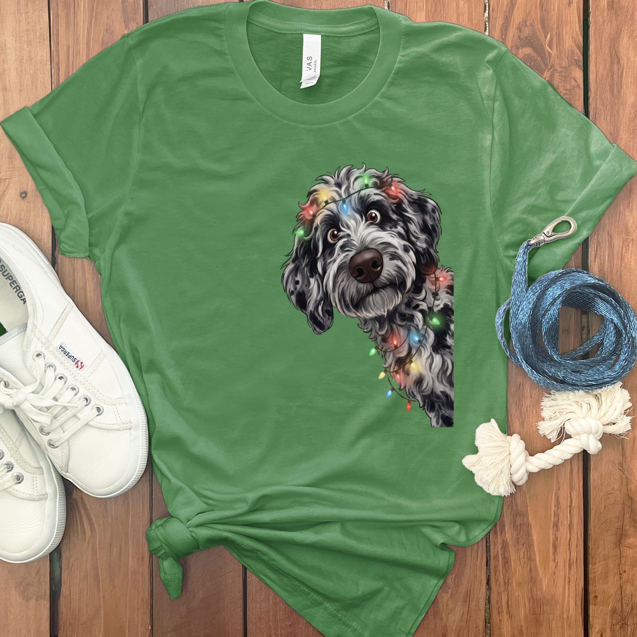 Peeking Merle Goldendoodle Holiday T-Shirt in Leaf / M / T-Shirts by Puppy Jo