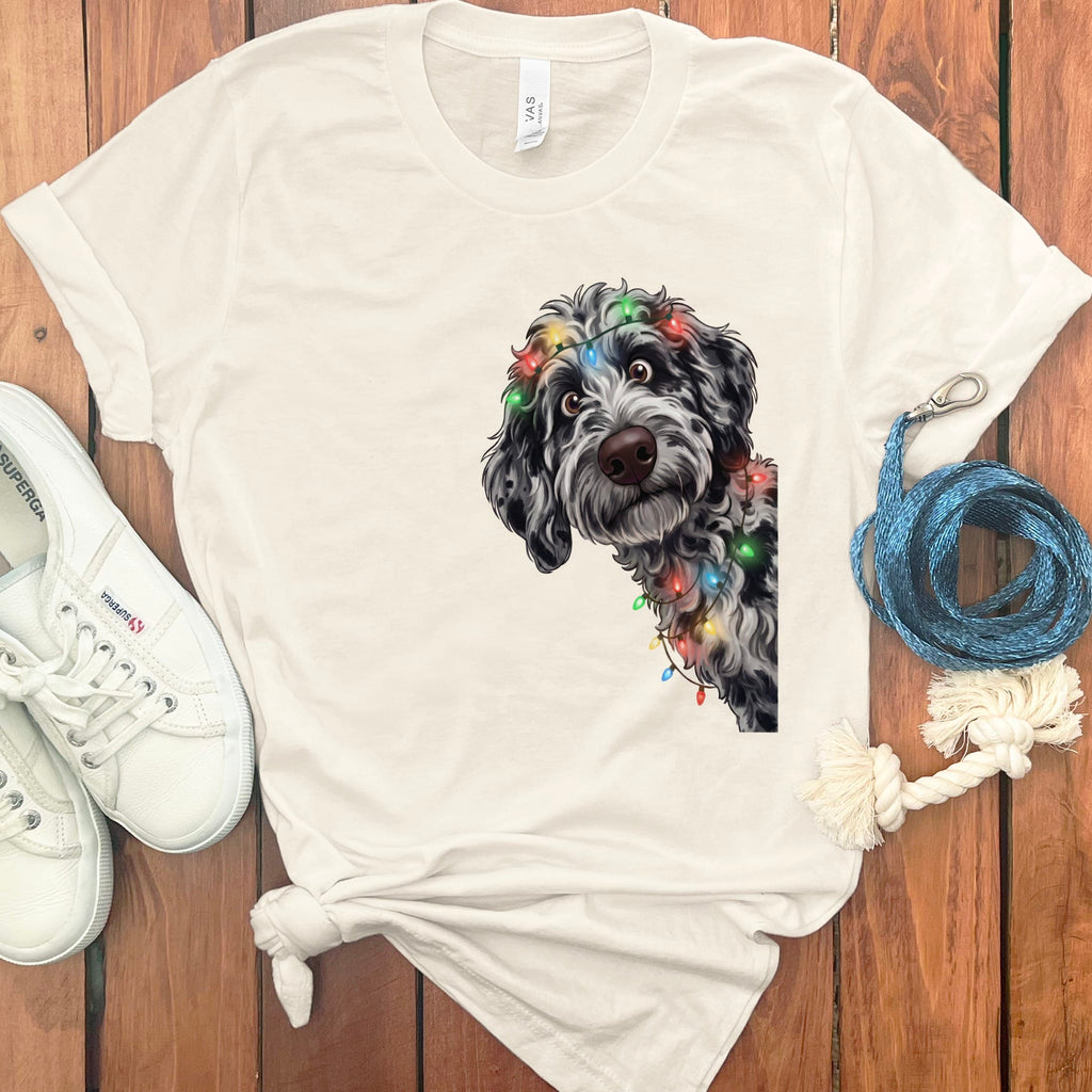 Peeking Merle Goldendoodle Holiday T-Shirt in Natural / M / T-Shirts by Puppy Jo