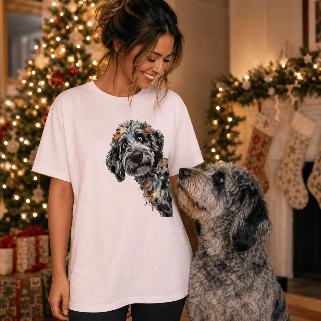 Peeking Merle Goldendoodle Holiday T-Shirt in by Puppy Jo