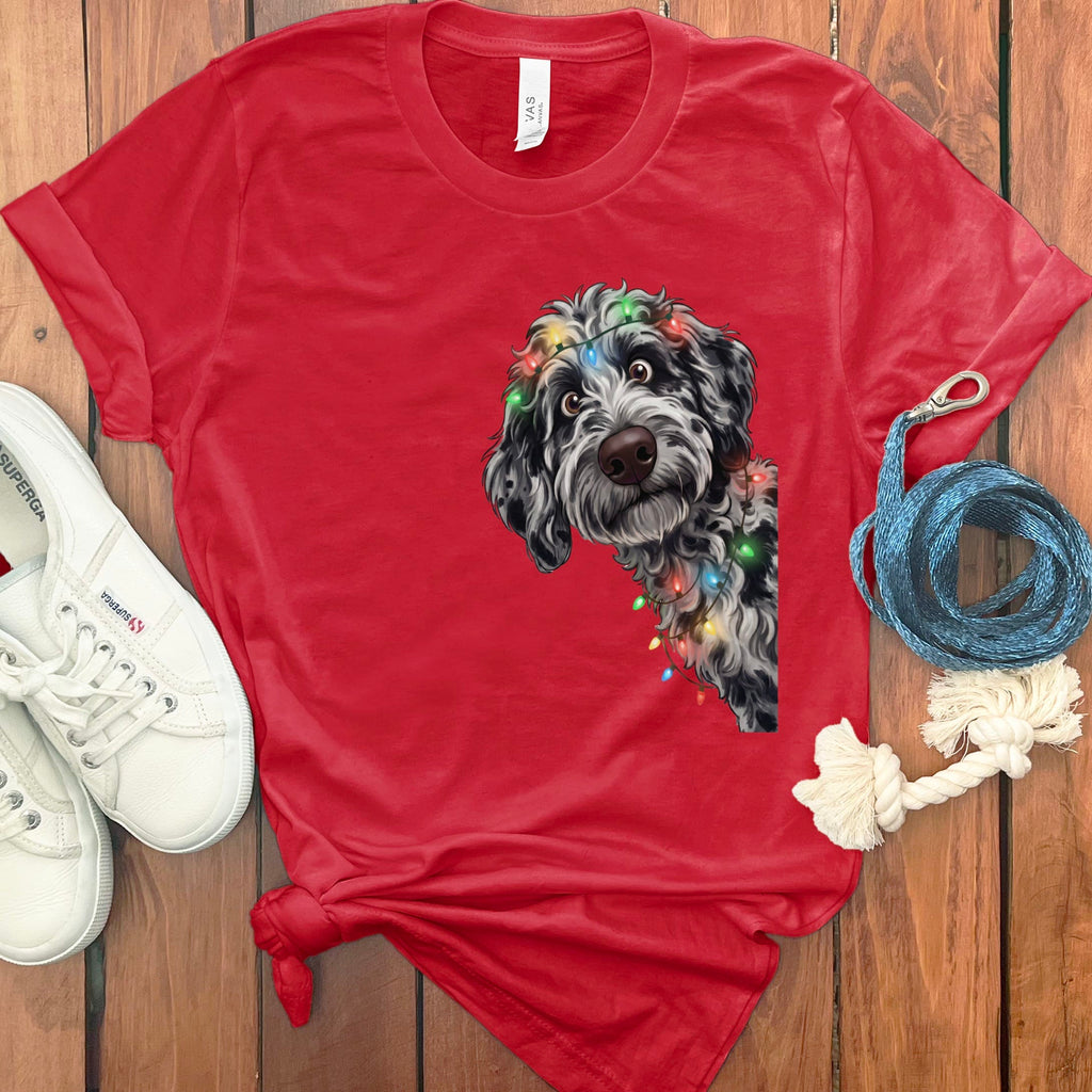 Peeking Merle Goldendoodle Holiday T-Shirt in Red / M / T-Shirts by Puppy Jo