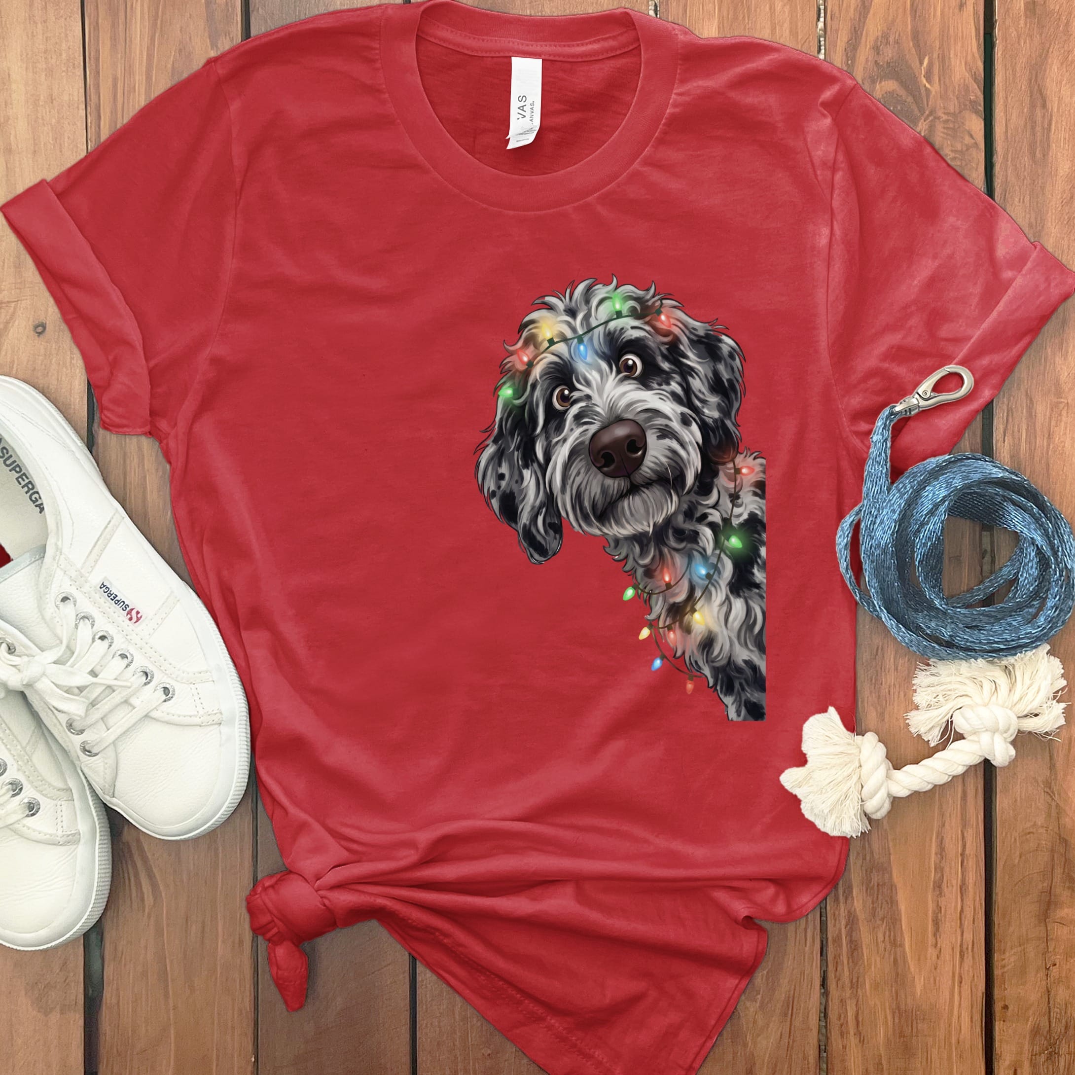 Peeking Merle Goldendoodle Holiday T-Shirt in Red / M / T-Shirts by Puppy Jo