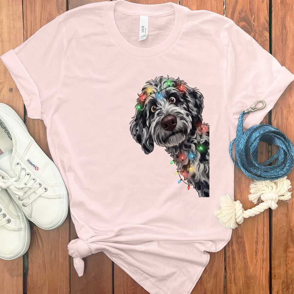 Peeking Merle Goldendoodle Holiday T-Shirt in Soft Pink / M / T-Shirts by Puppy Jo