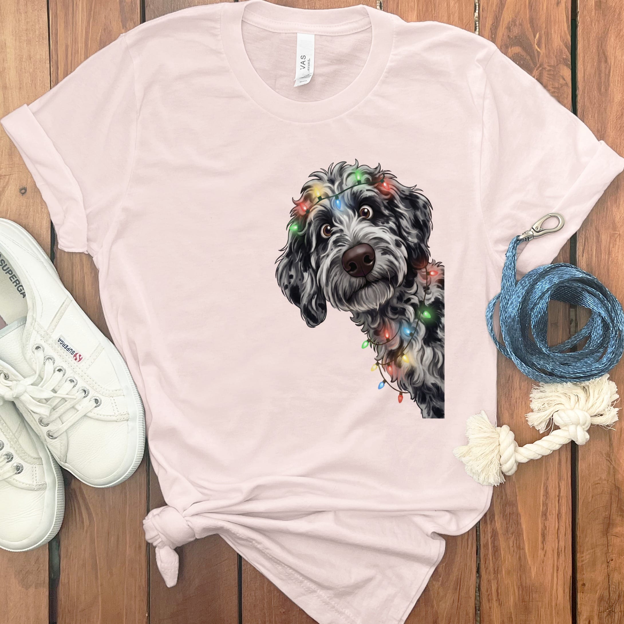 Peeking Merle Goldendoodle Holiday T-Shirt in Soft Pink / M / T-Shirts by Puppy Jo