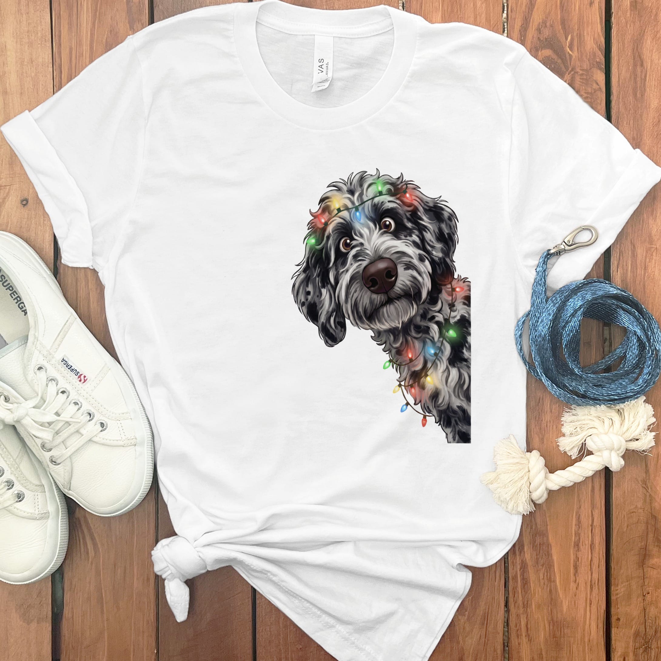 Peeking Merle Goldendoodle Holiday T-Shirt in White / M / T-Shirts by Puppy Jo