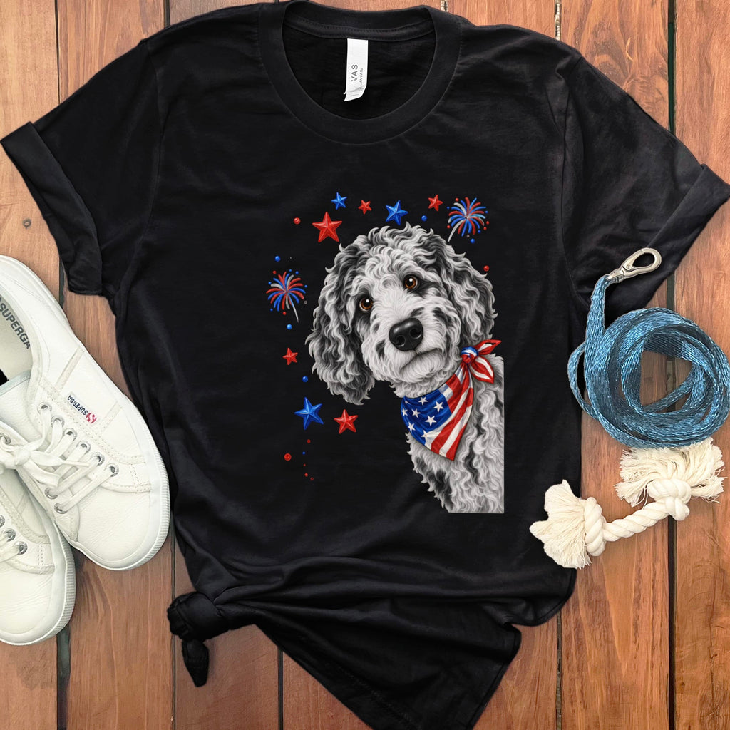 Peeking Merle Goldendoodle Patriotic T-Shirt in Black / S by Puppy Jo