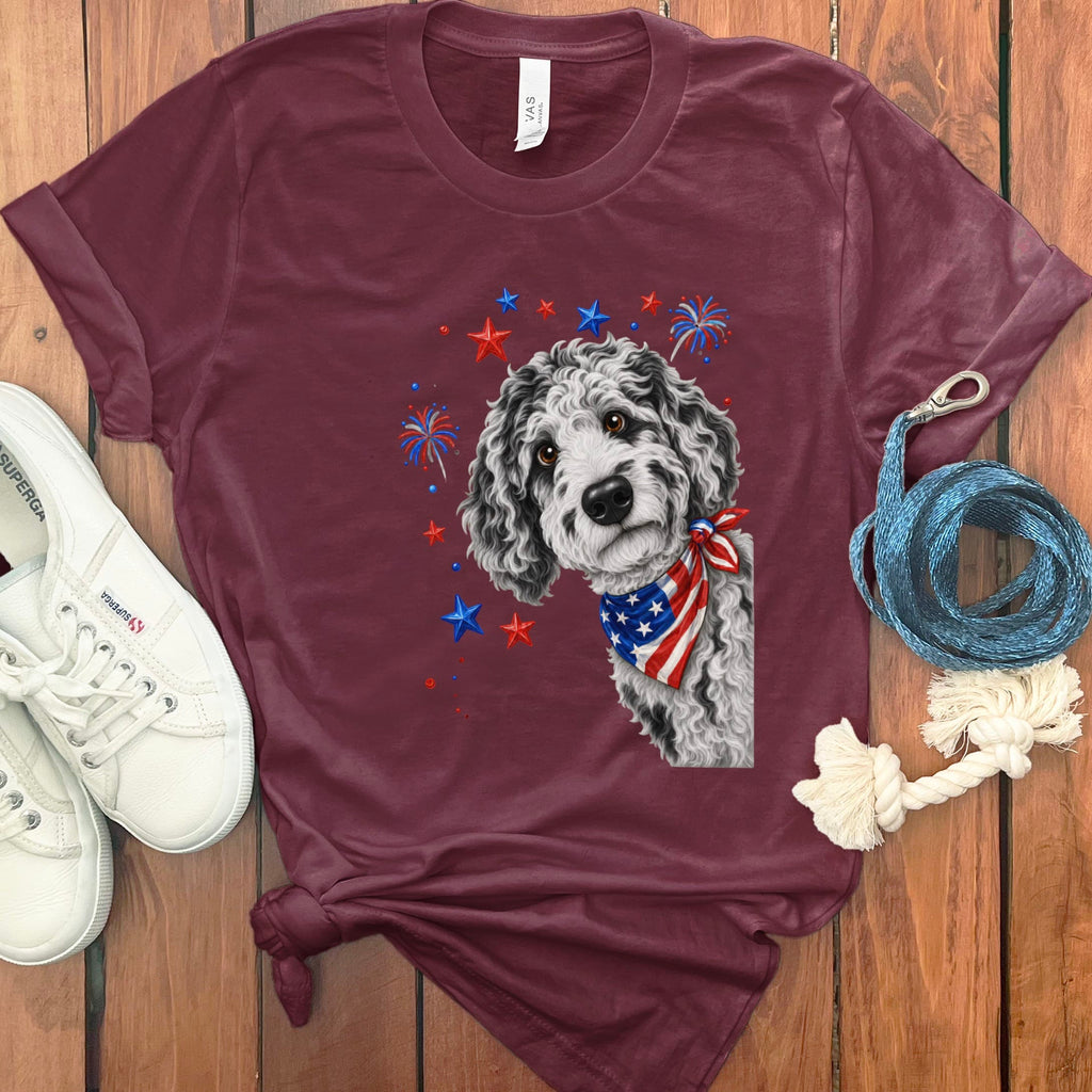Peeking Merle Goldendoodle Patriotic T-Shirt in Maroon / S by Puppy Jo