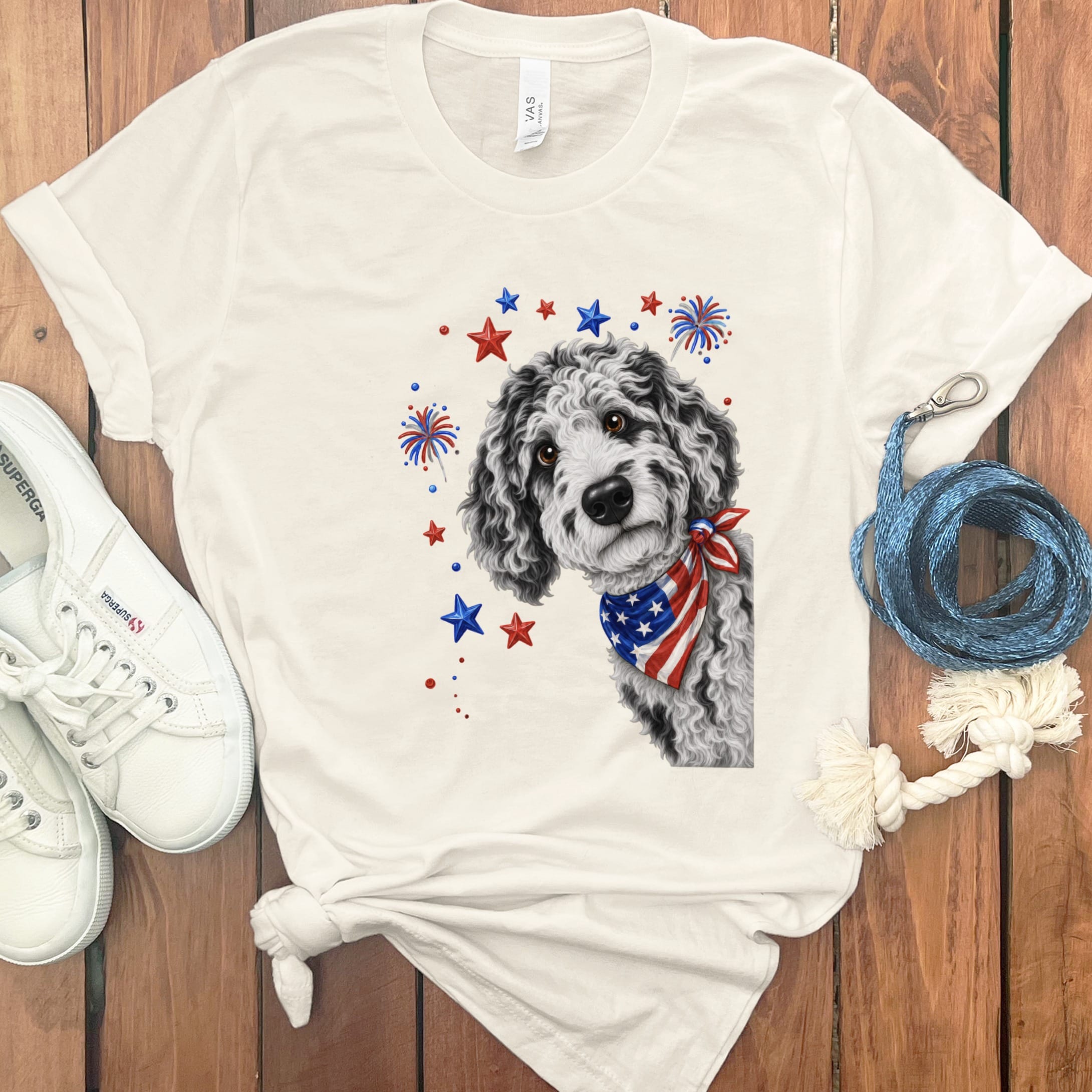 Peeking Merle Goldendoodle Patriotic T-Shirt in Natural / S by Puppy Jo
