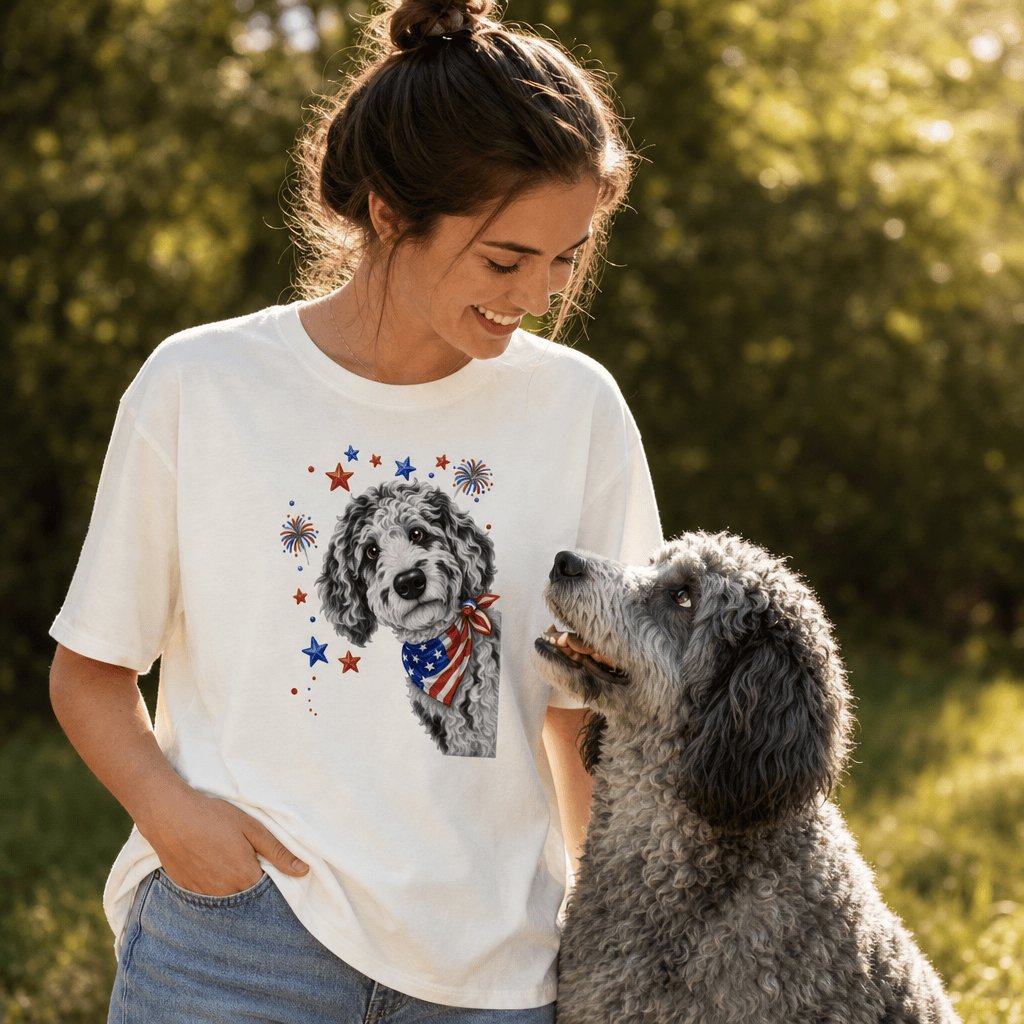 Peeking Merle Goldendoodle Patriotic T-Shirt in by Puppy Jo