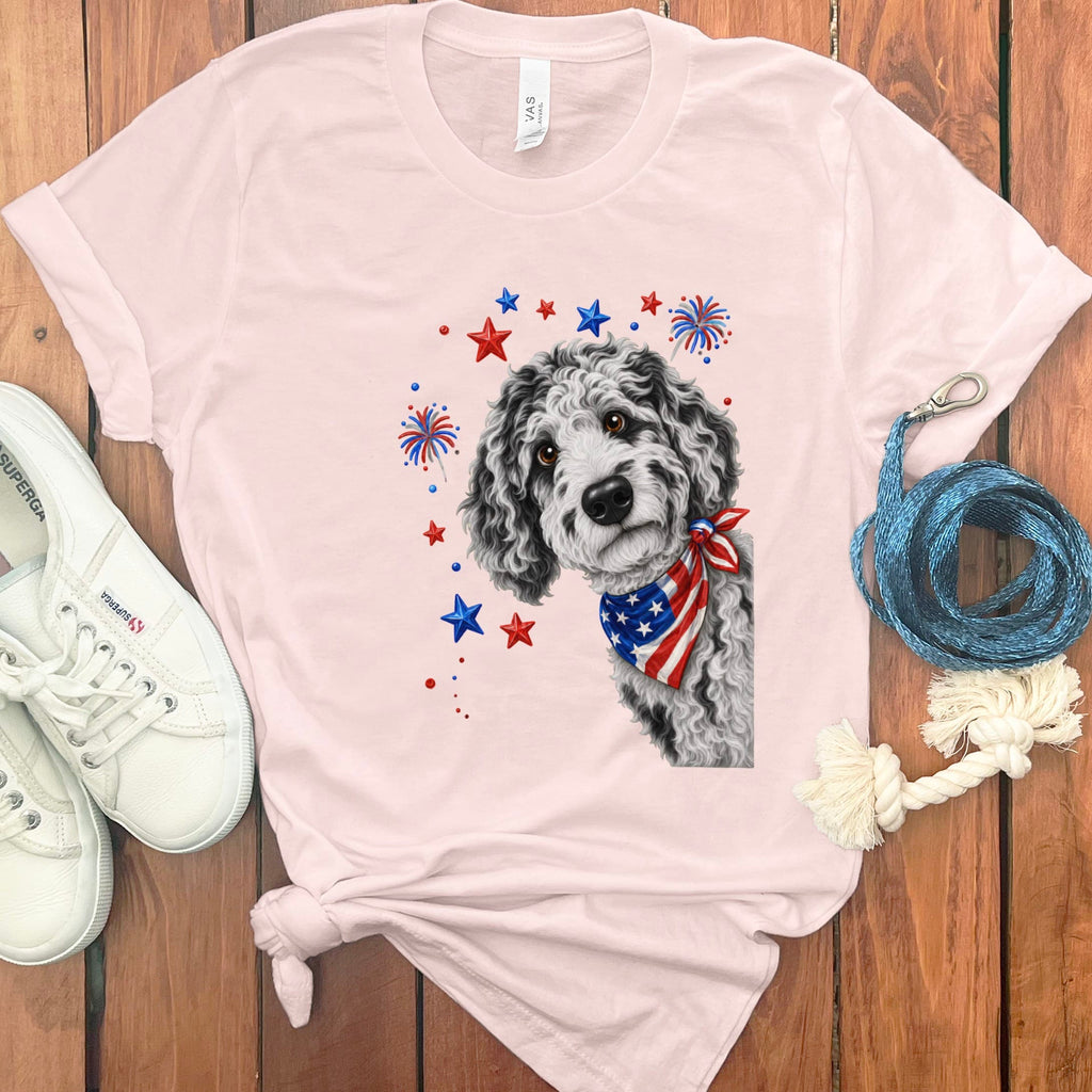 Peeking Merle Goldendoodle Patriotic T-Shirt in Soft Pink / S by Puppy Jo