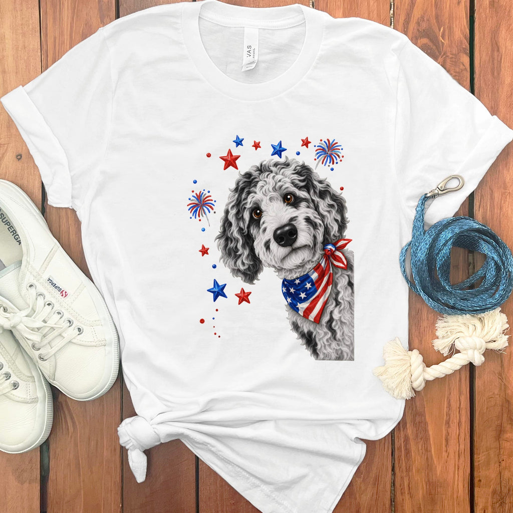 Peeking Merle Goldendoodle Patriotic T-Shirt in White / S by Puppy Jo